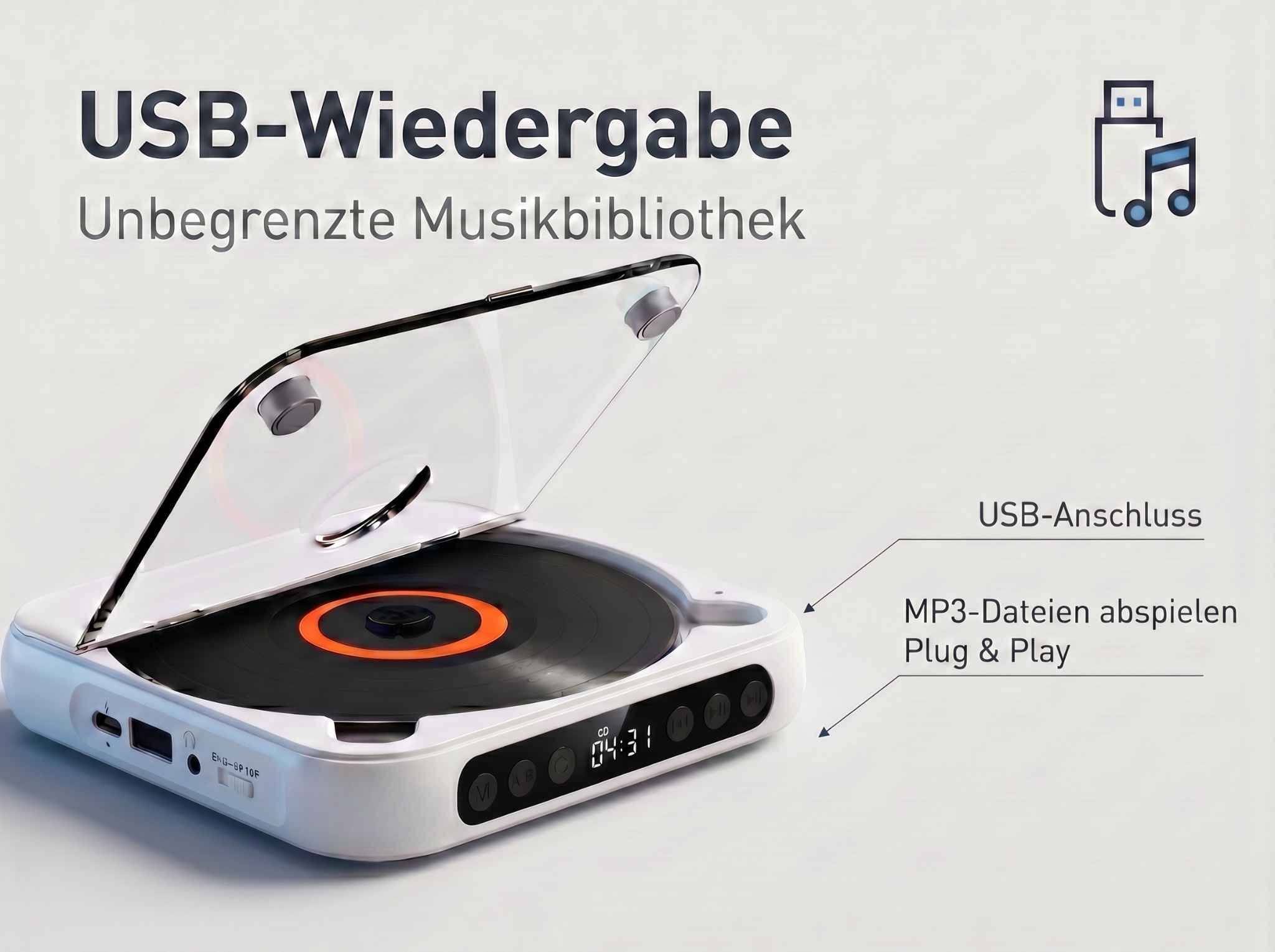 Ein weißer CD-Player mit offenem Deckel, der eine CD zeigt. Text auf Deutsch.
