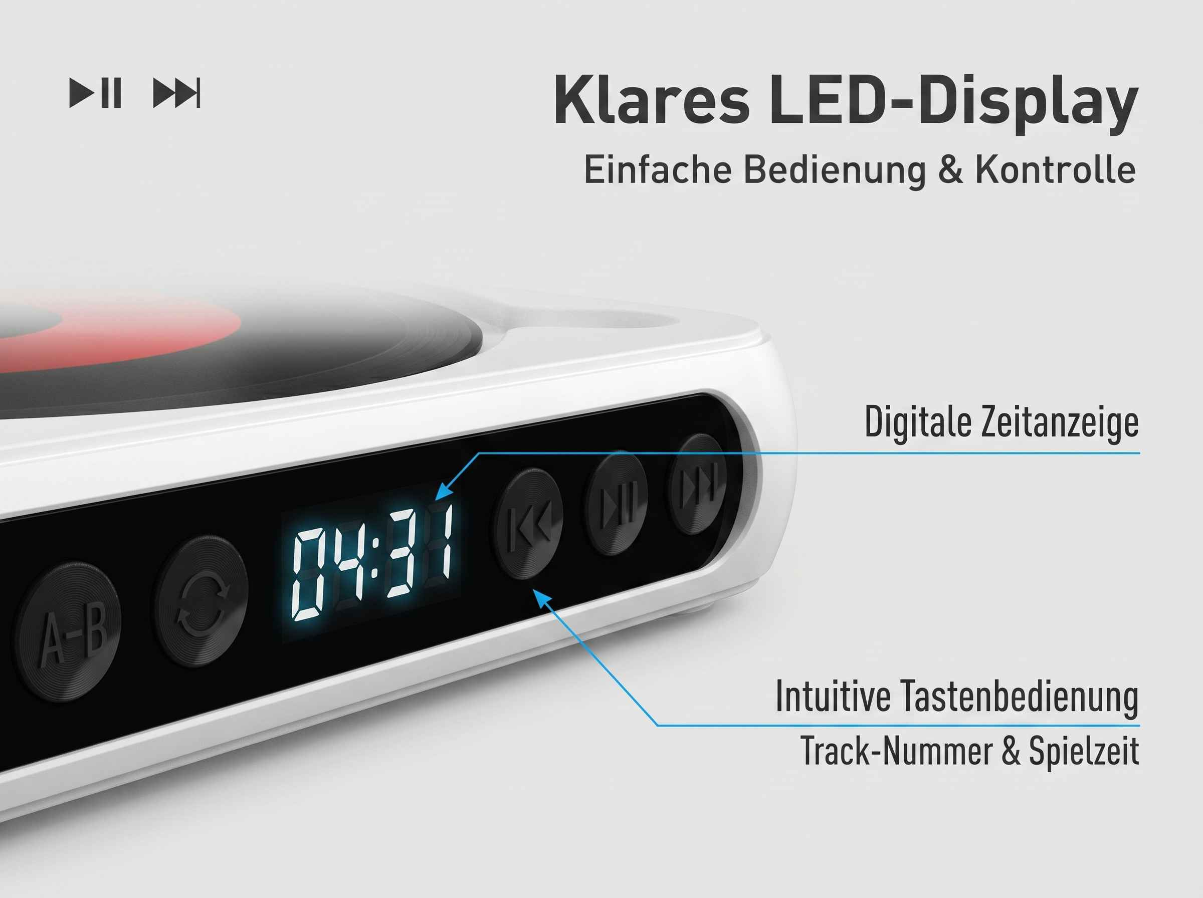 CD-Player mit LED-Display zeigt 04:31. Tasten für Wiedergabe/Pause, Vor/Zurück.