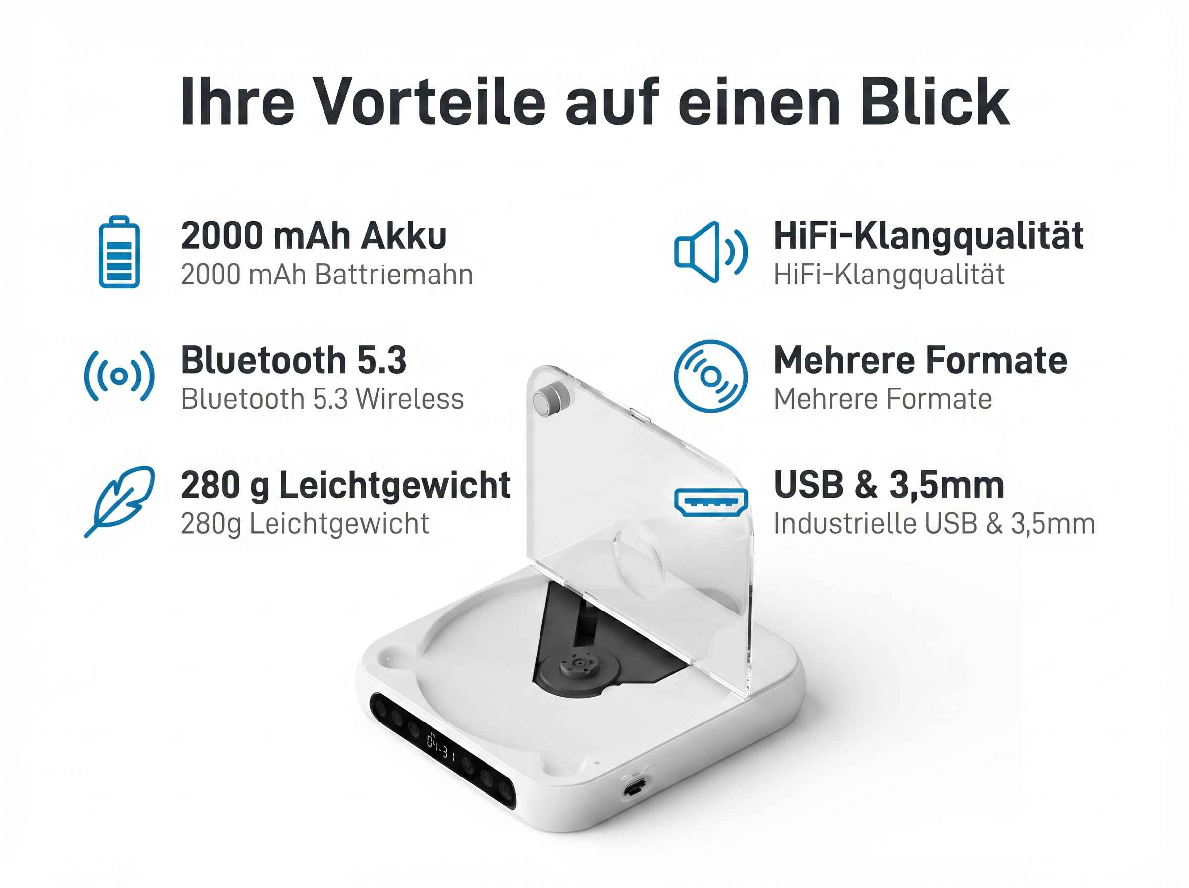 Weißer tragbarer CD-Player mit Merkmalen: 2000mAh Akku, Bluetooth 5.3, 280g Gewicht.