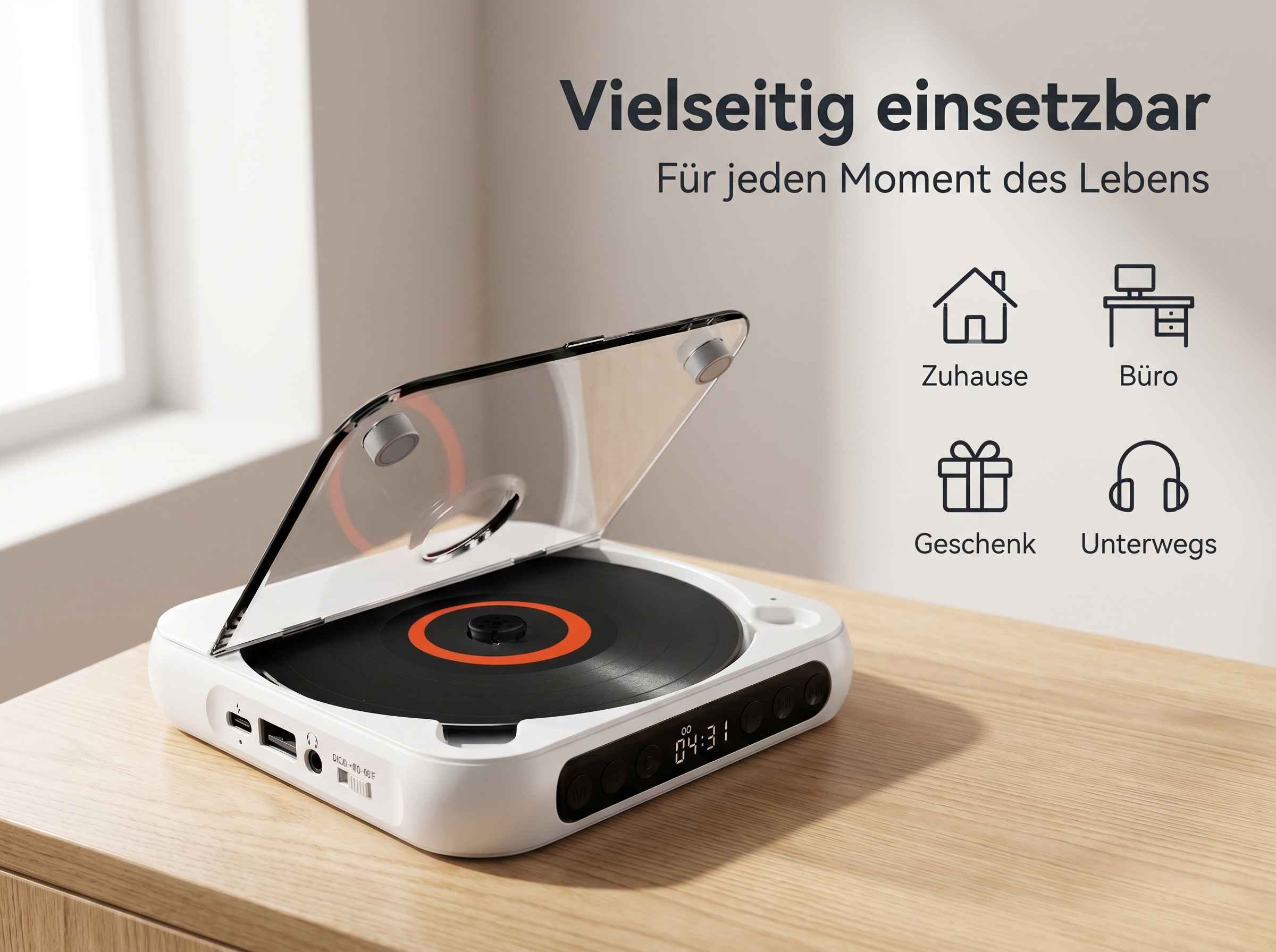 Ein weißer Plattenspieler mit offenem Deckel steht auf einem Holztisch. Daneben sind Icons für Zuhause, Büro, Geschenk und Unterwegs.
