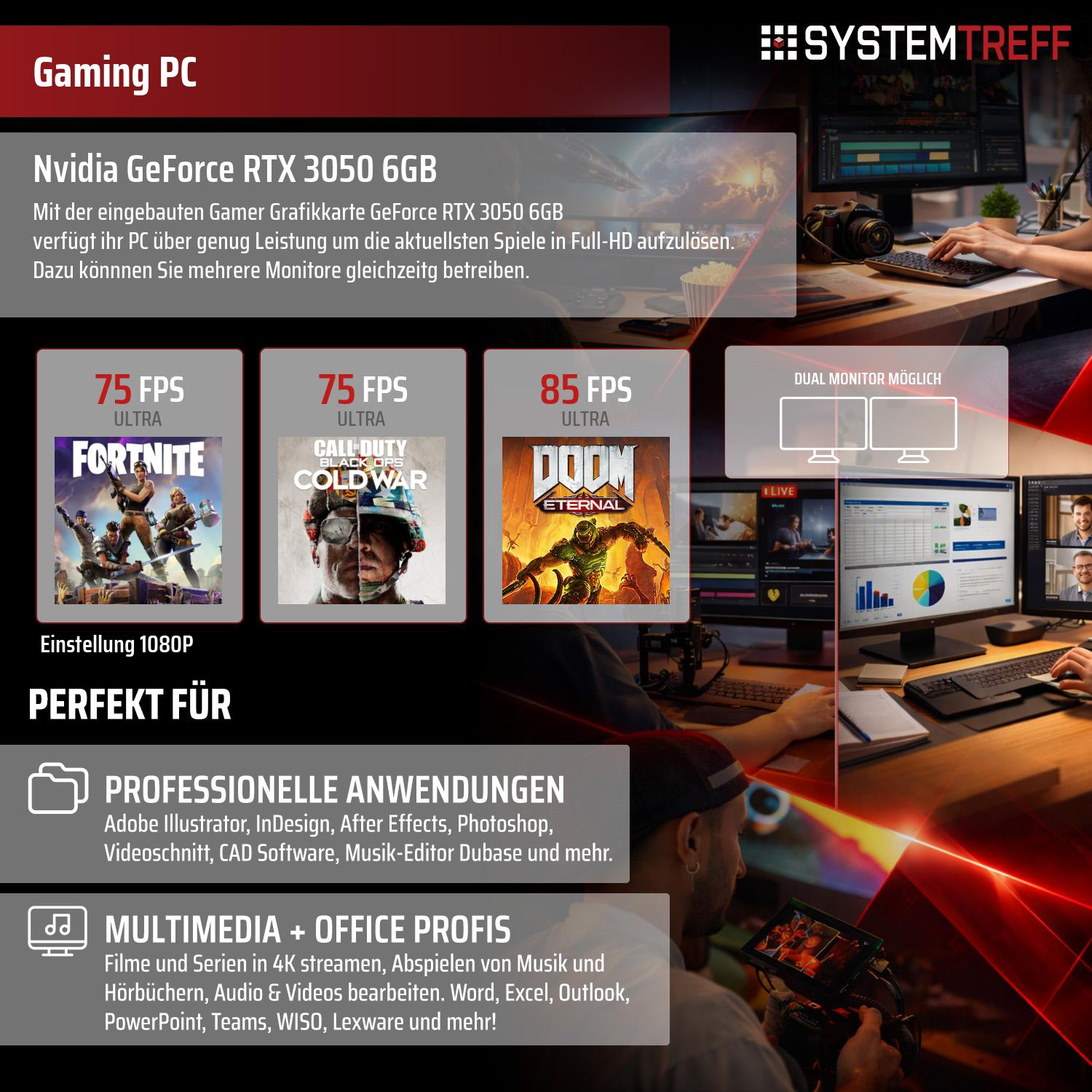 Gaming PC mit RTX 3050 6GB, Spiel-Screenshots und Anwendungsbereiche.