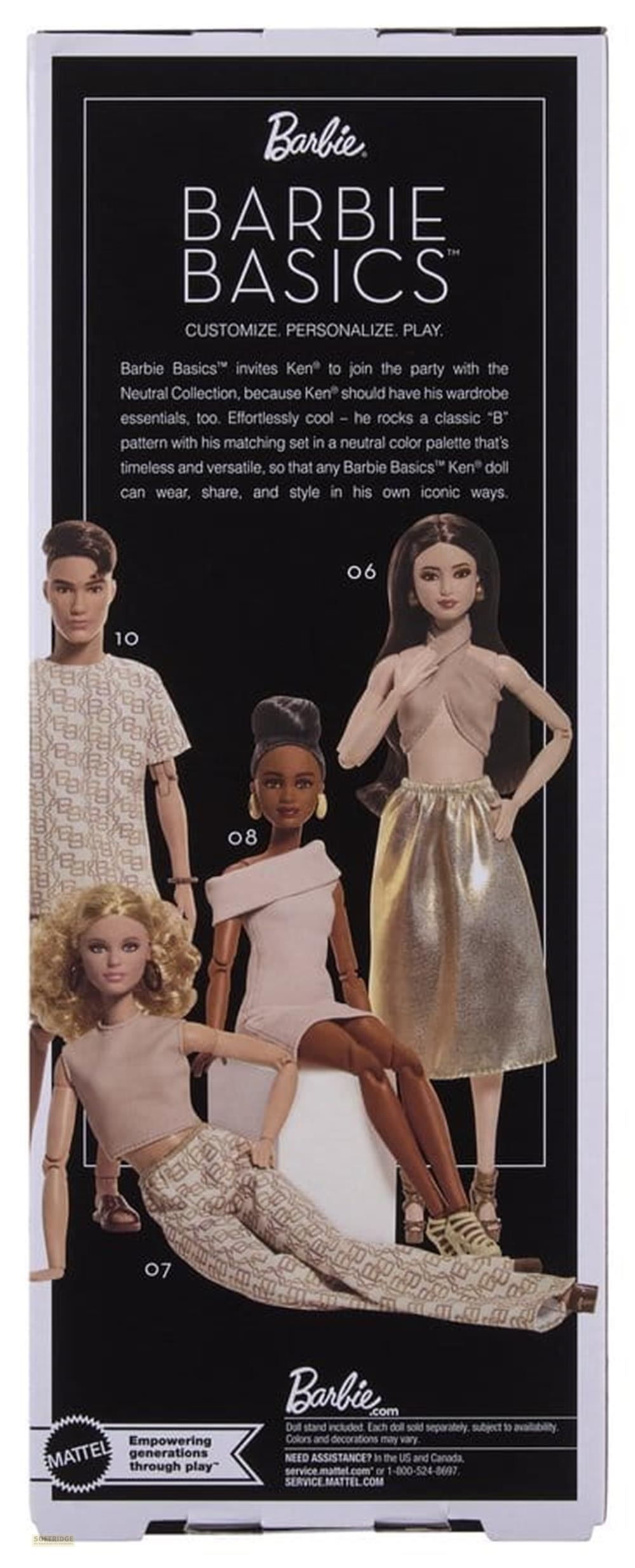 Barbie Basics Puppen: Ken und drei Barbie-Puppen in neutraler Kleidung.