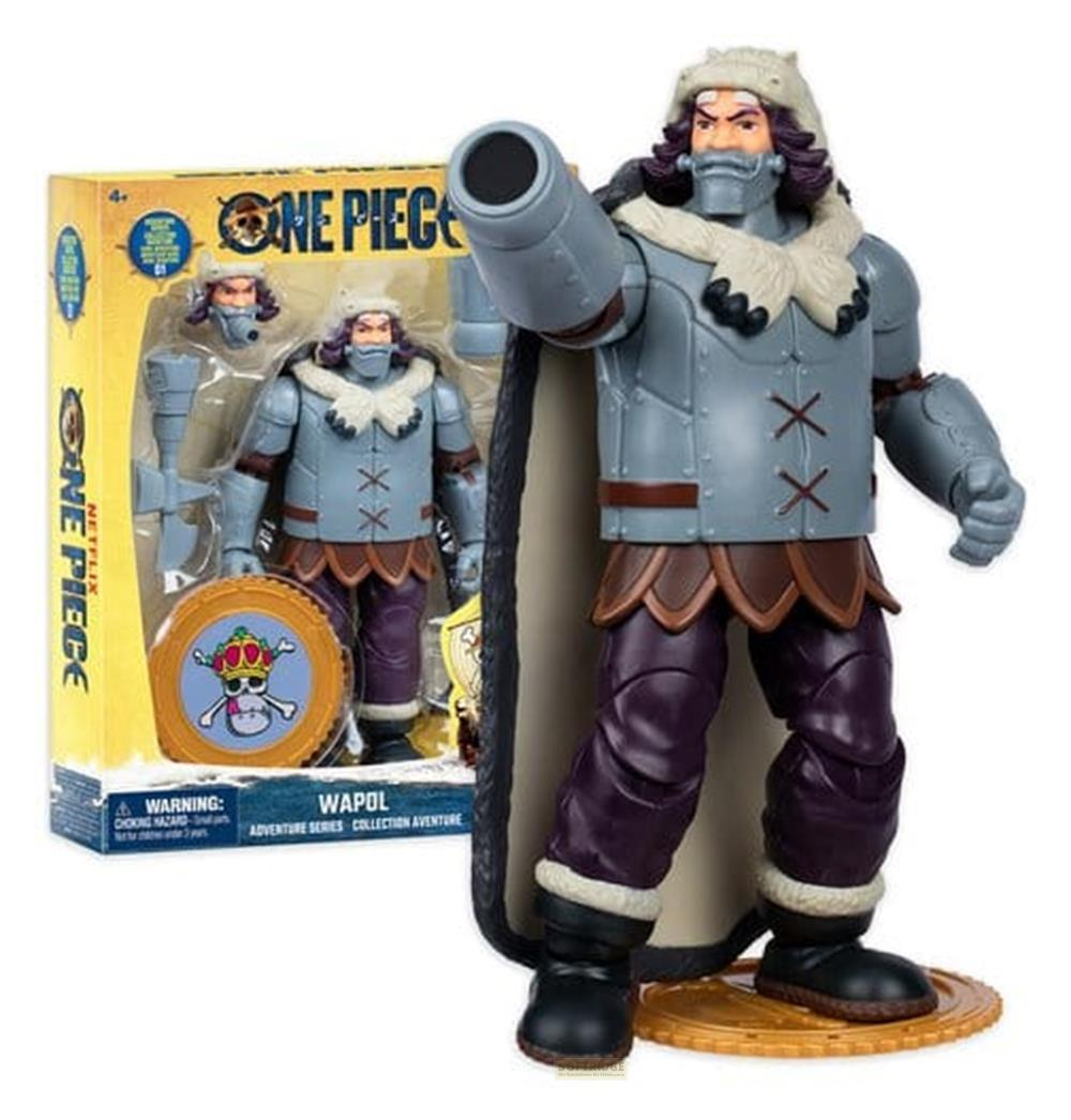 Eine Actionfigur von Wapol aus One Piece steht vor einer gelben Verpackung.