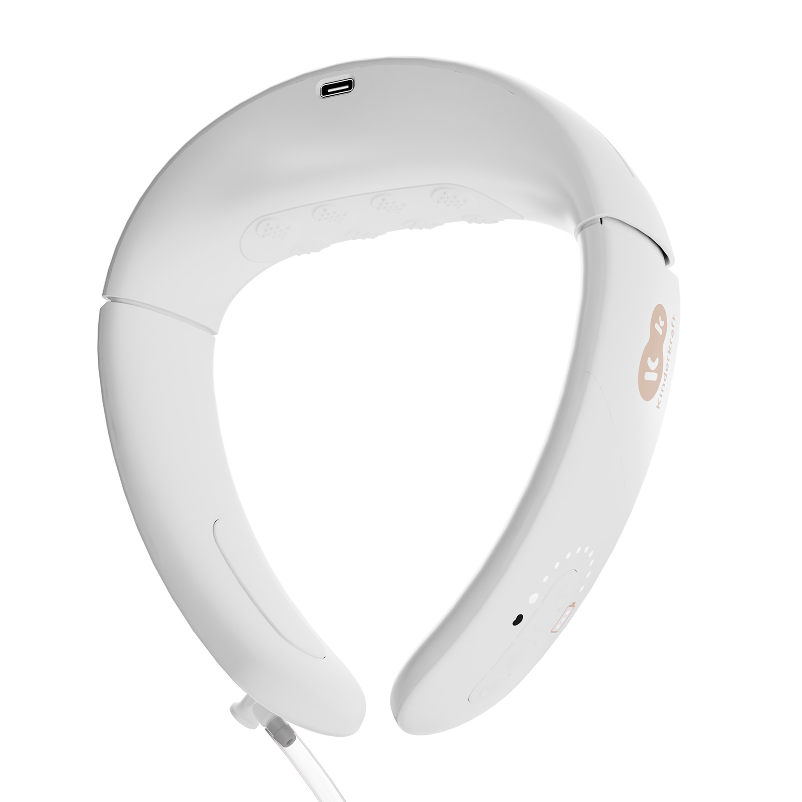 Ein weißes Nackenkissen mit einem USB-C-Anschluss und Bedienelementen.