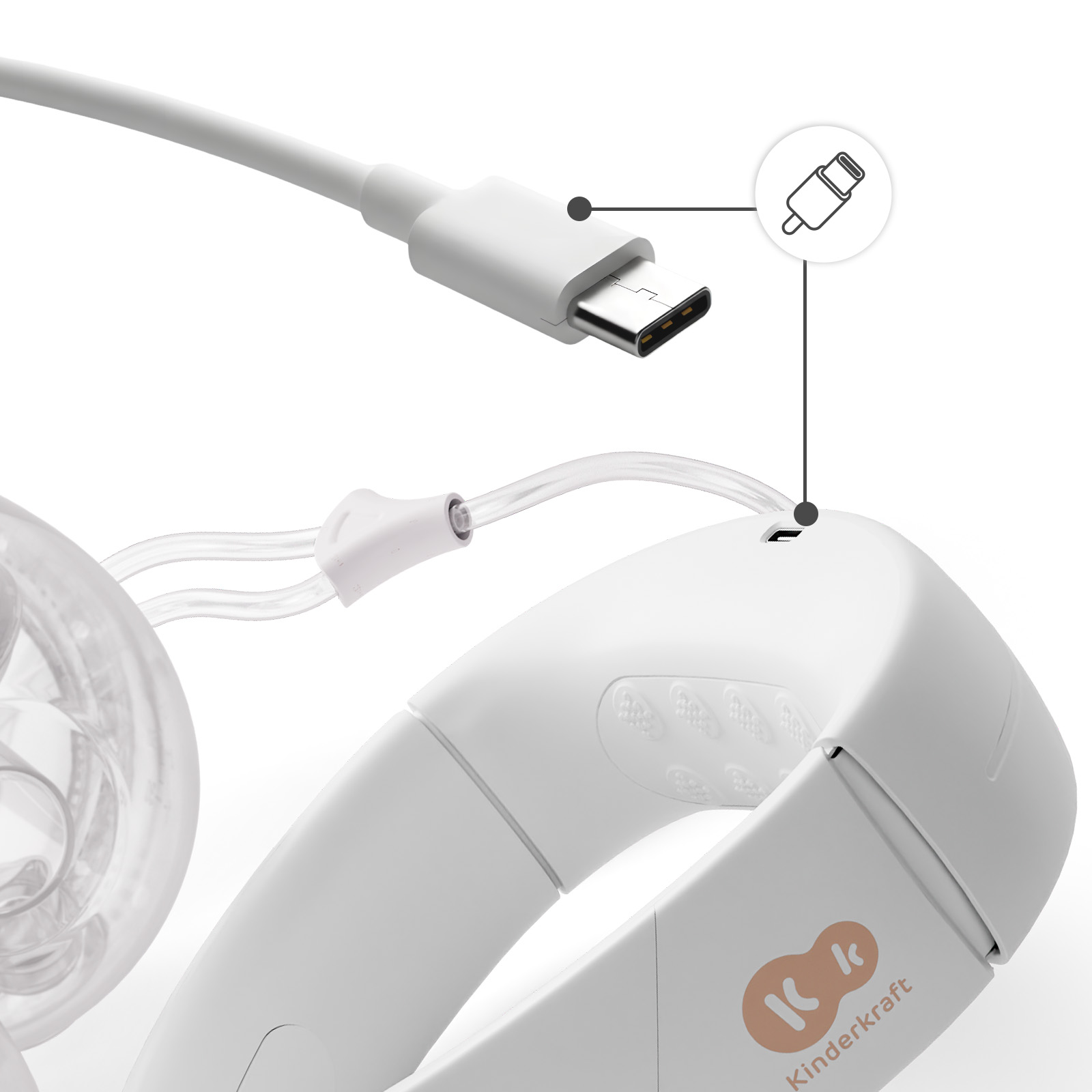 Ein weißes USB-C-Kabel wird mit einem weißen Gerät verbunden.