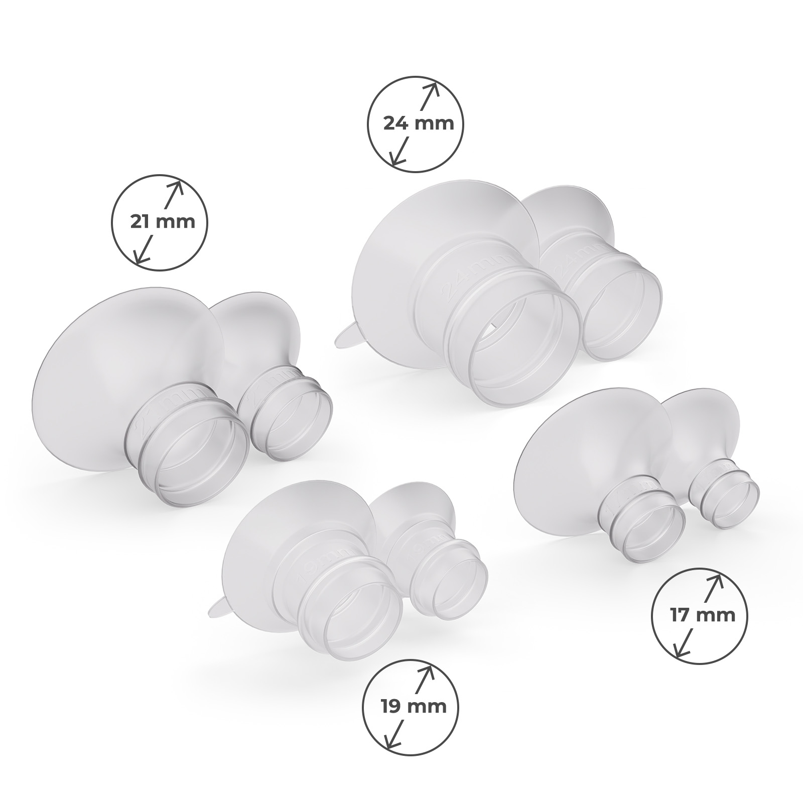 Vier durchsichtige Flanschgrößen mit Maßen: 21mm, 24mm, 19mm, 17mm.