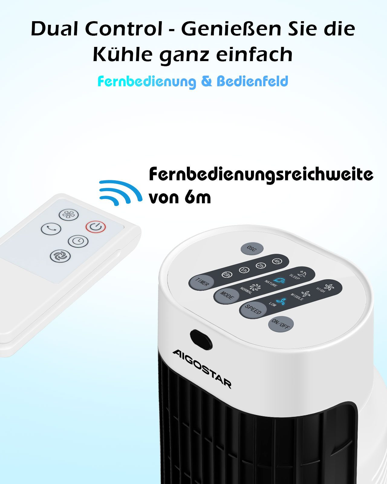 Ein Turmventilator mit Fernbedienung und Bedienfeld. Reichweite 6m.