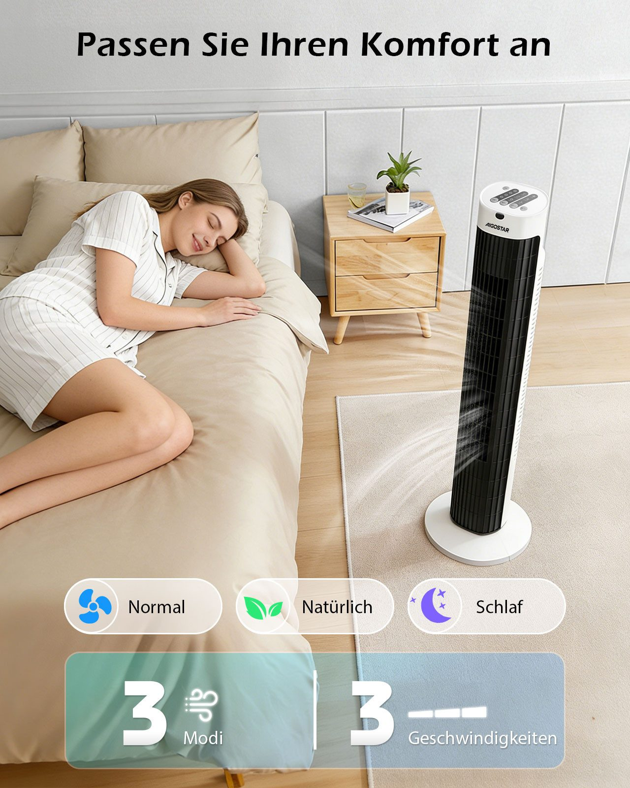 Frau schläft im Bett, ein Turmventilator steht daneben, mit Modi-Anzeige.
