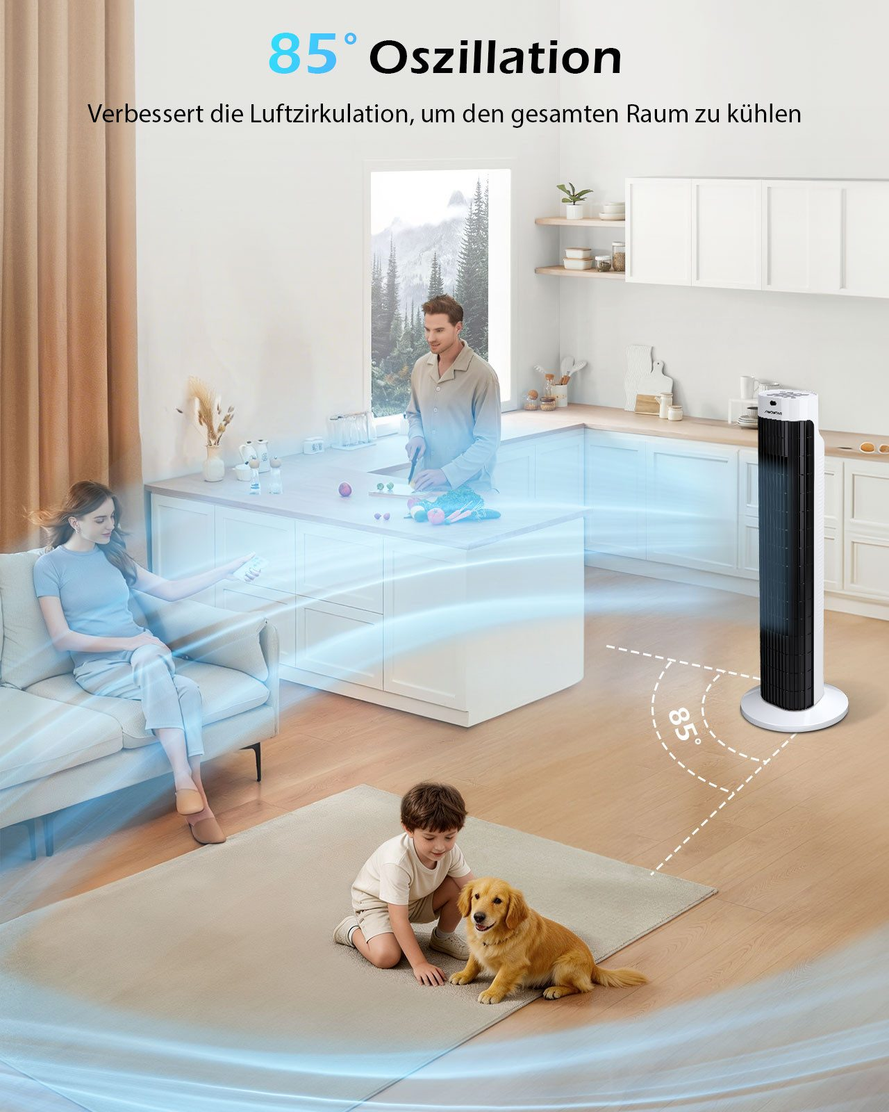 Ein Turmventilator kühlt einen Raum, in dem eine Frau, ein Kind und ein Hund sind.