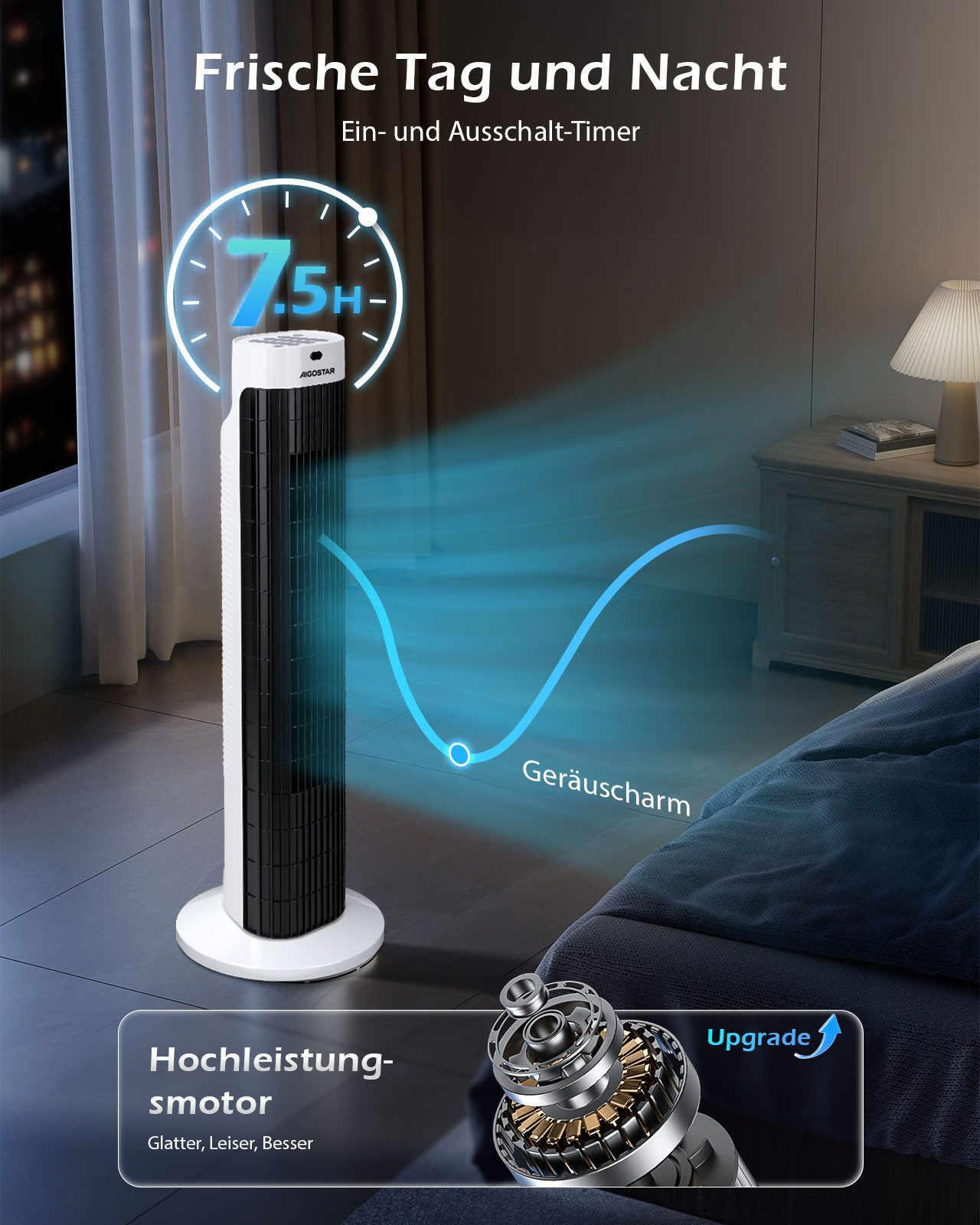 Ein schlanker Turmventilator mit 7,5-Stunden-Timer und leisem Betrieb.