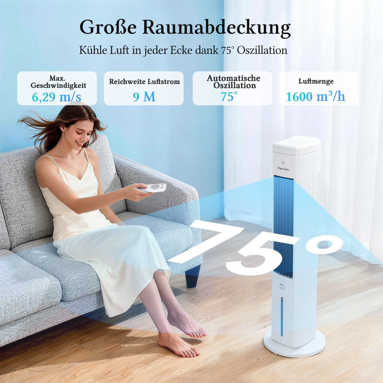 Frau auf Sofa hält Fernbedienung, neben einem Turmventilator mit 75° Oszillation.