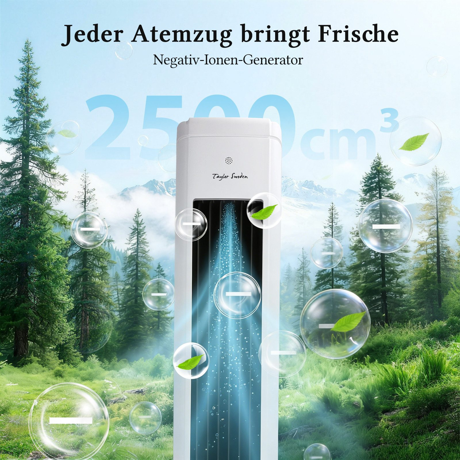 Ein Ionengenerator in einer Waldlandschaft mit Bergen im Hintergrund.