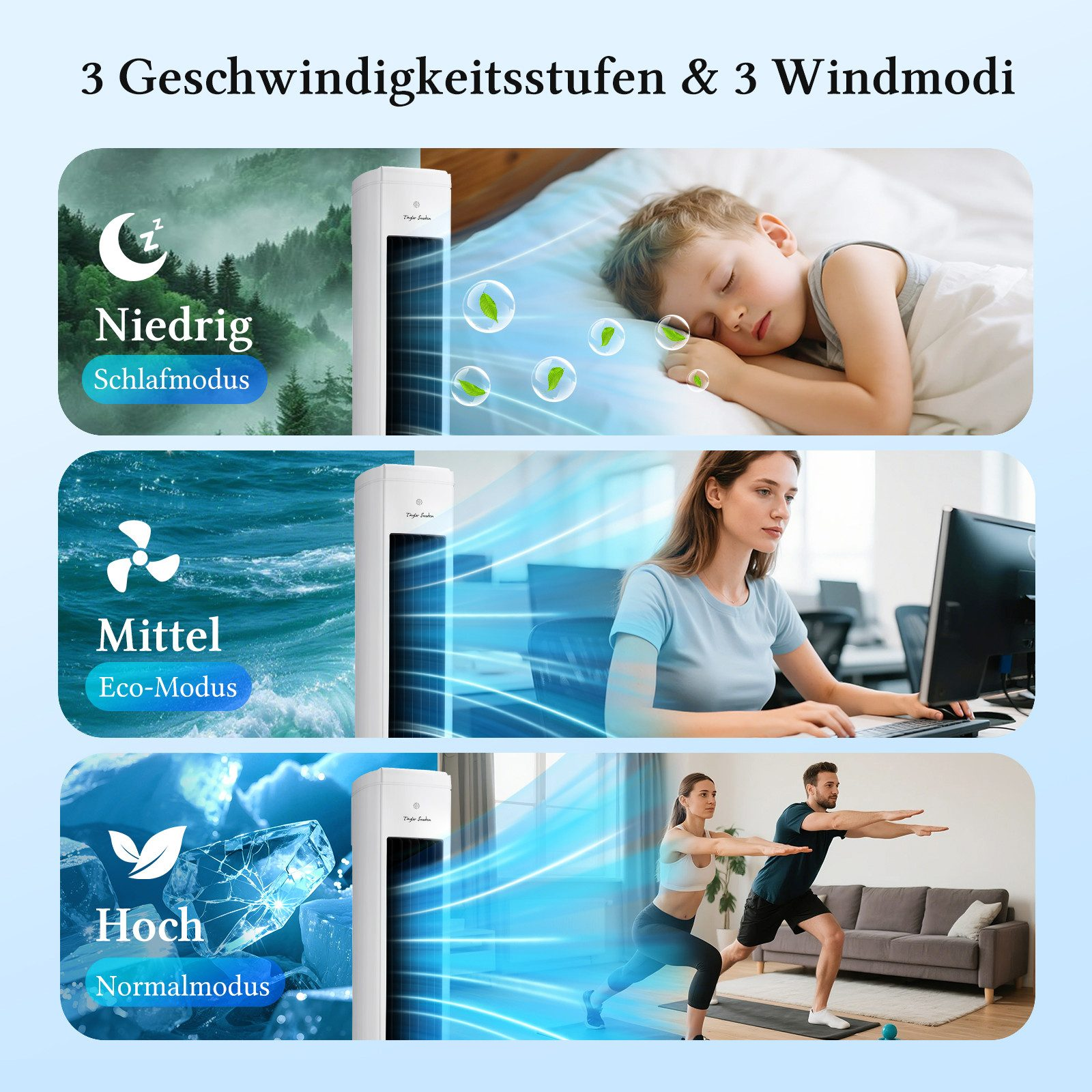 Drei Modi eines Turmventilators: Schlaf-, Eco- und Normalmodus.