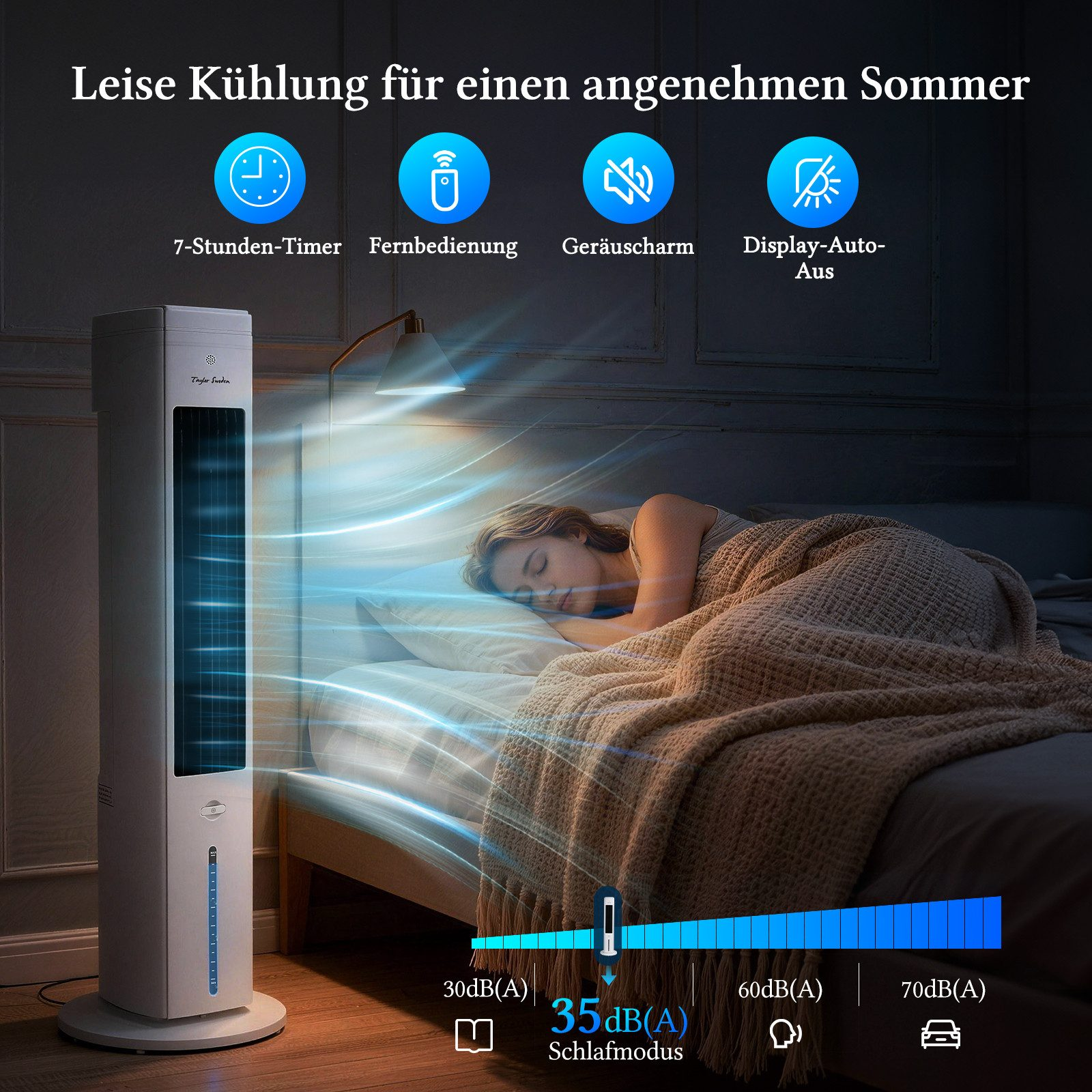 Ein Turmventilator kühlt eine schlafende Frau im Bett. Leise Kühlung für einen angenehmen Sommer.