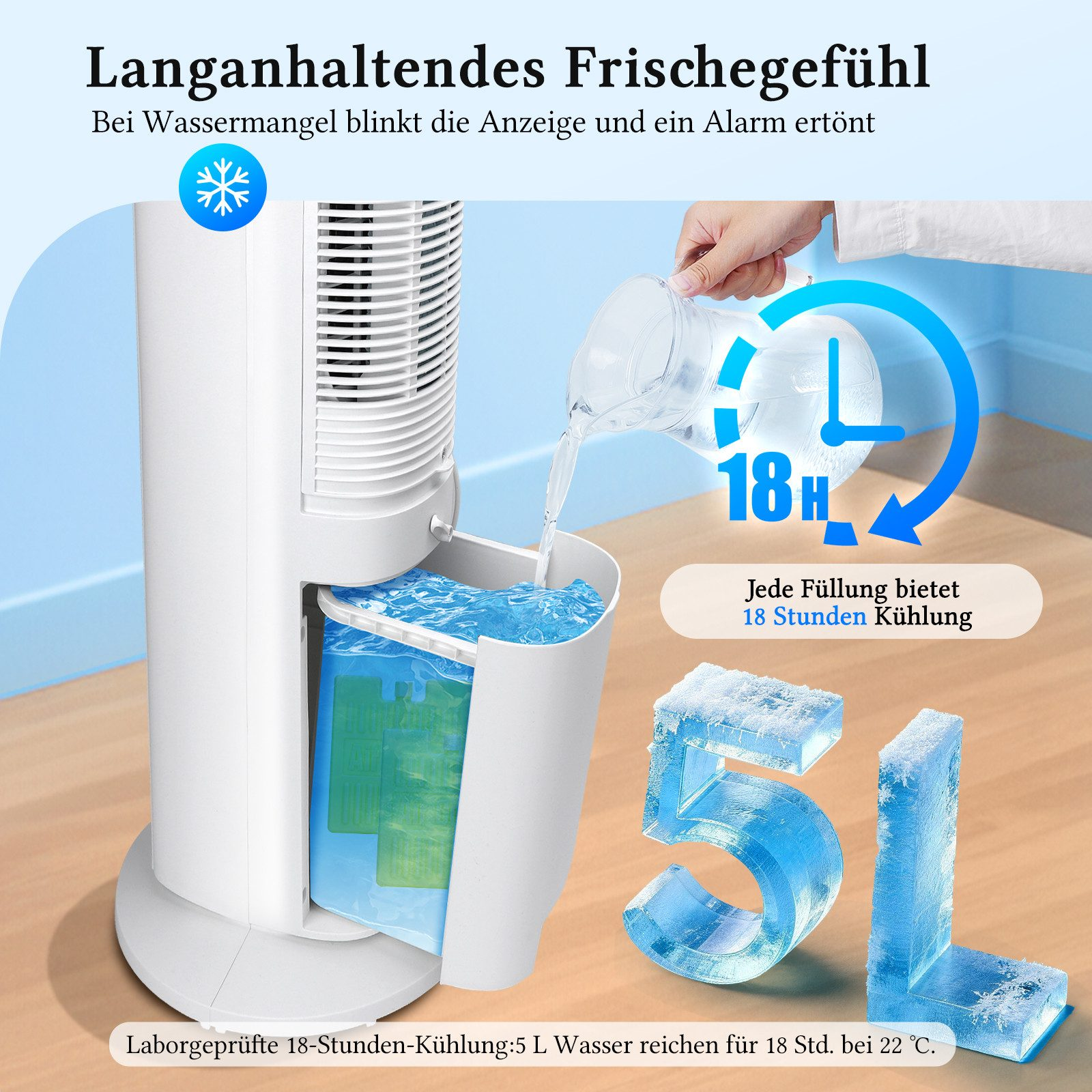 Ein Luftkühler wird mit Wasser befüllt, bietet 18 Std. Kühlung.