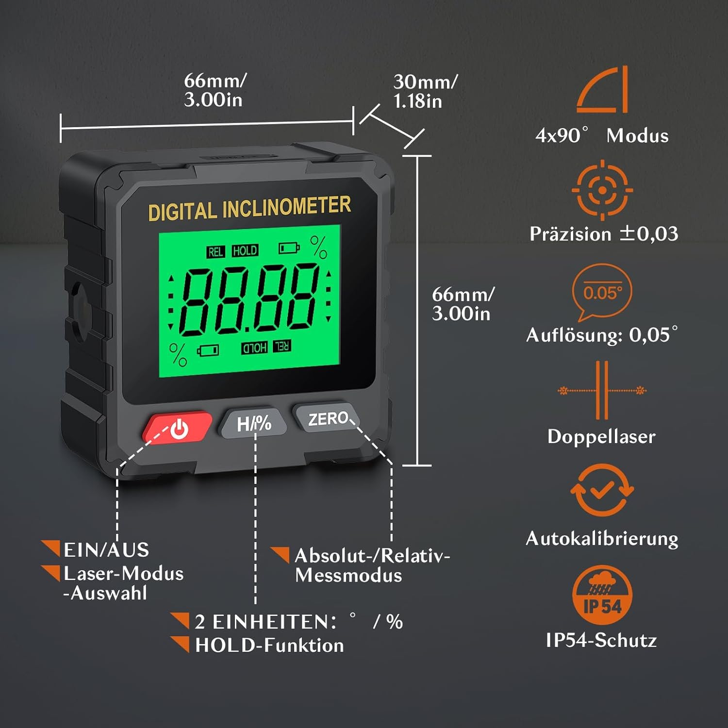 Digitaler Neigungsmesser mit grünem Display, Maßen und Funktionen.
