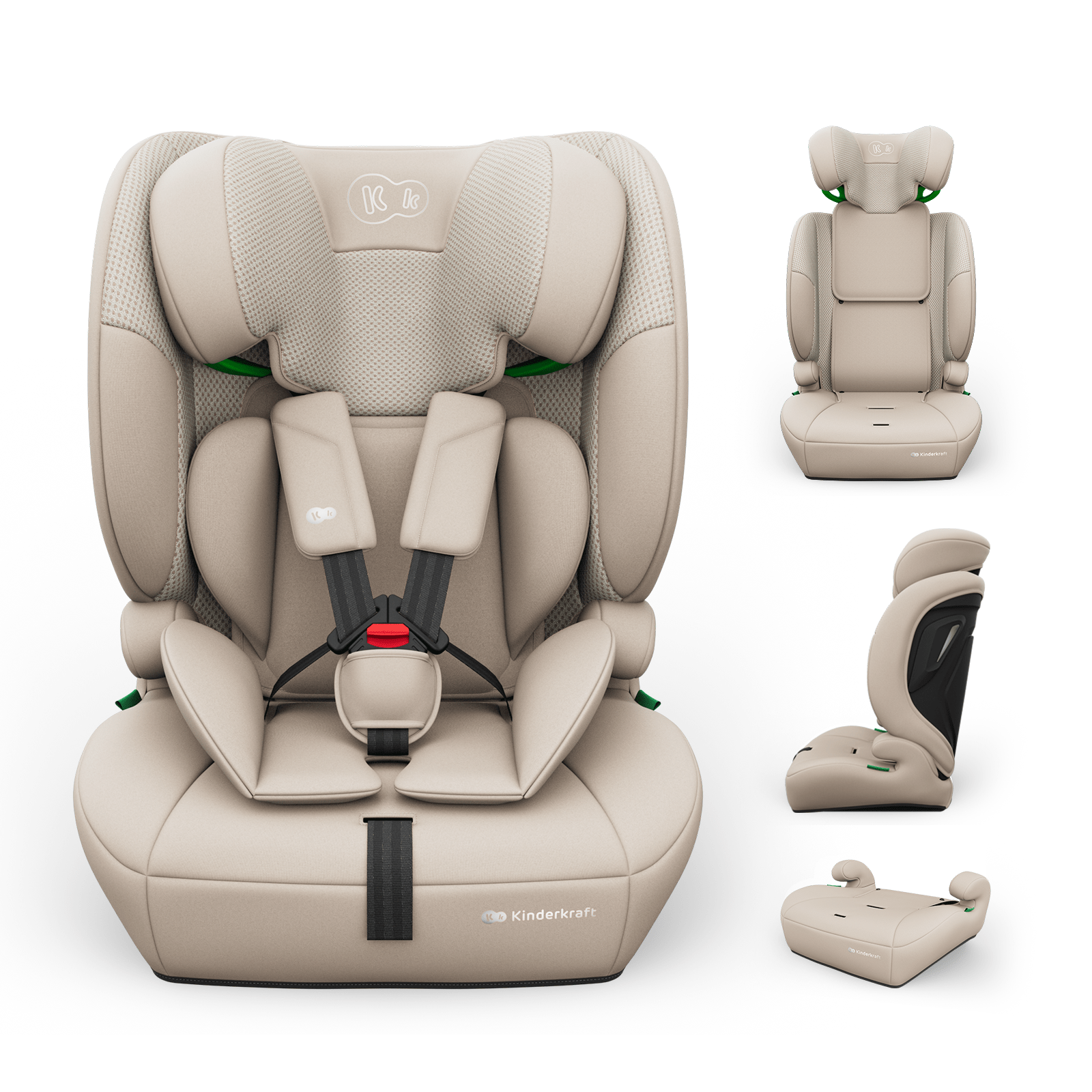 Ein heller beige Kindersitz mit Gurten und Kopfstütze. Von vorne und Seite gezeigt.
