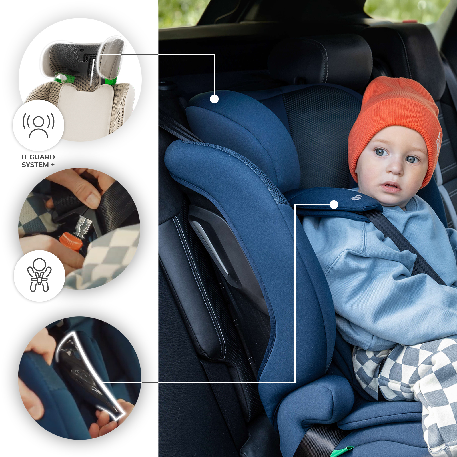Ein Kleinkind in einem Autositz mit orangefarbener Mütze, daneben Infografiken.