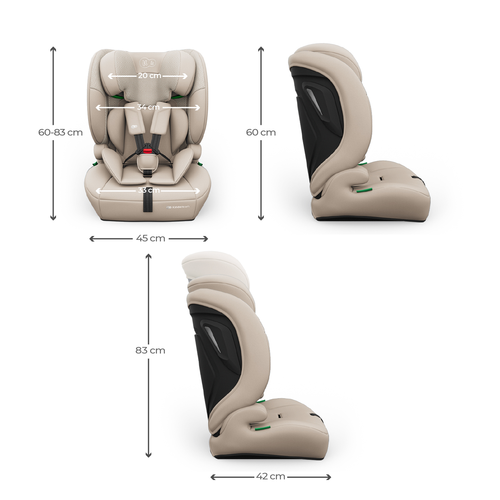 Beige Kindersitz mit Maßen: Höhe 60-83cm, Breite 45cm, Tiefe 42cm.