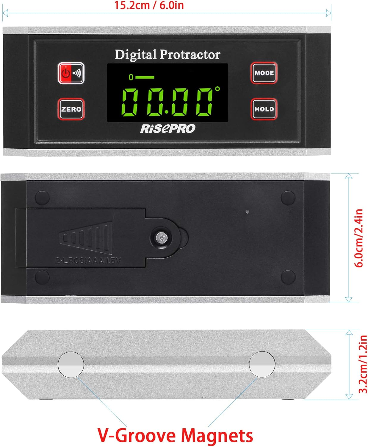 Digitaler Neigungsmesser mit LCD-Display, Tasten und V-Nut-Magneten.