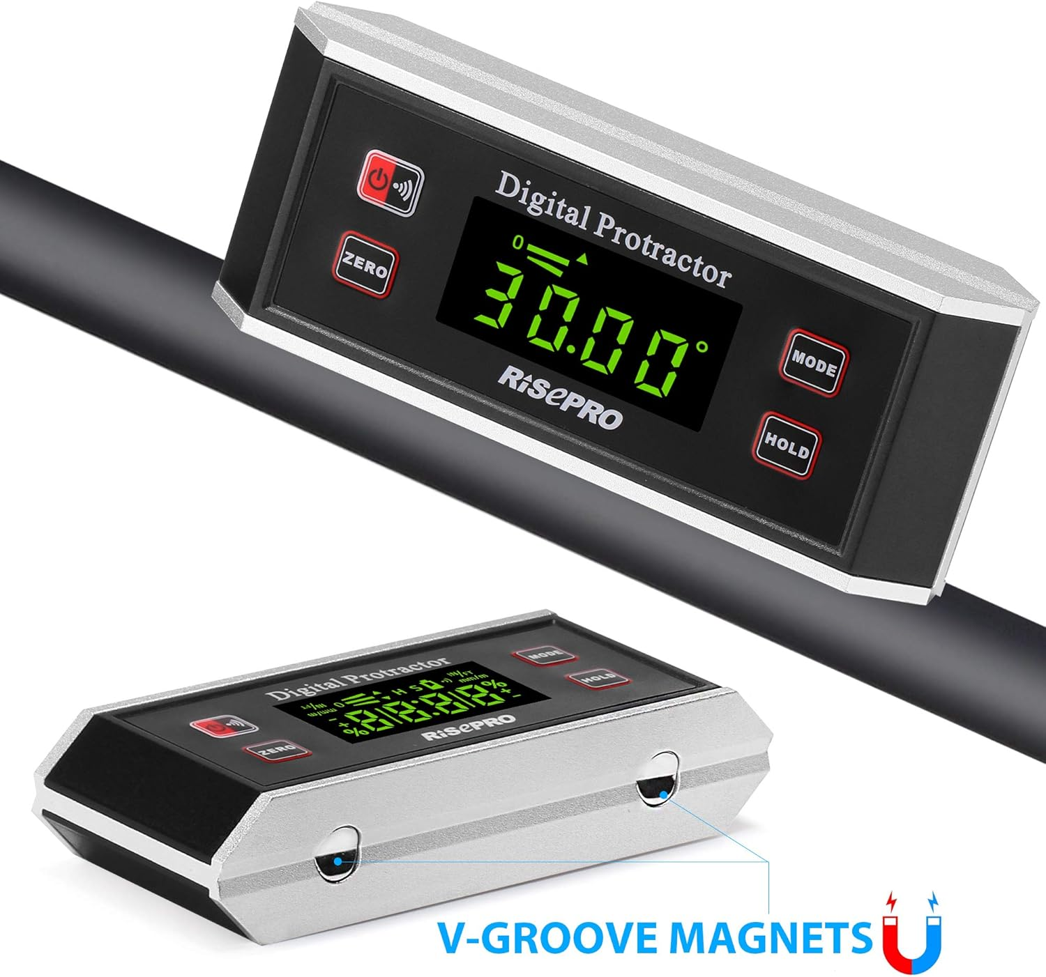 Zwei digitale Winkelmesser mit Displays, eine auf einer Stange, die andere im Profil.