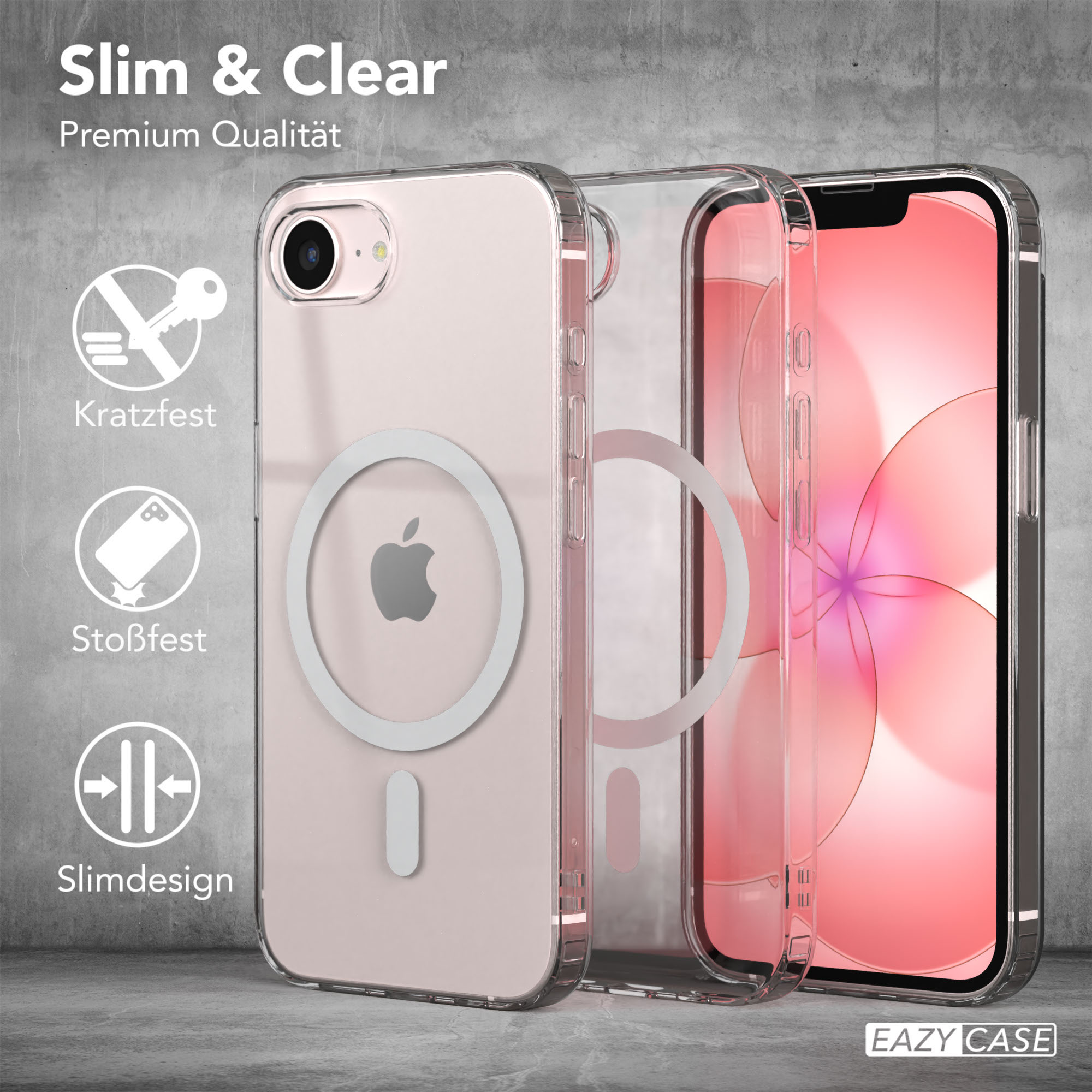 Transparente Handyhülle mit MagSafe-Ring, die Kratzfestigkeit, Stoßfestigkeit und schlankes Design hervorhebt.