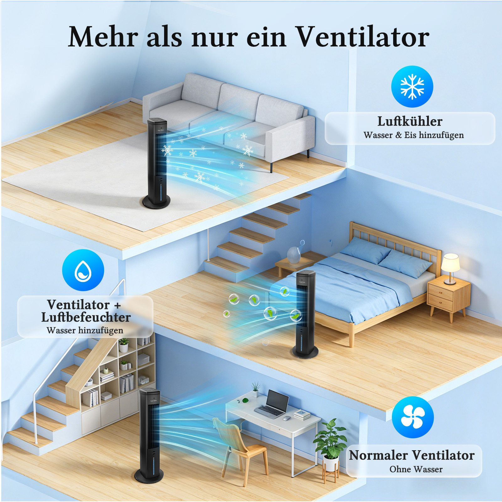 Ein dreistöckiges Haus mit Ventilatoren, die Luft verteilen.