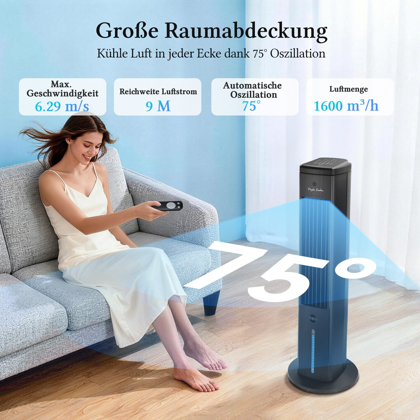 Frau auf Sofa hält Fernbedienung, neben Turmventilator mit 75° Oszillation.