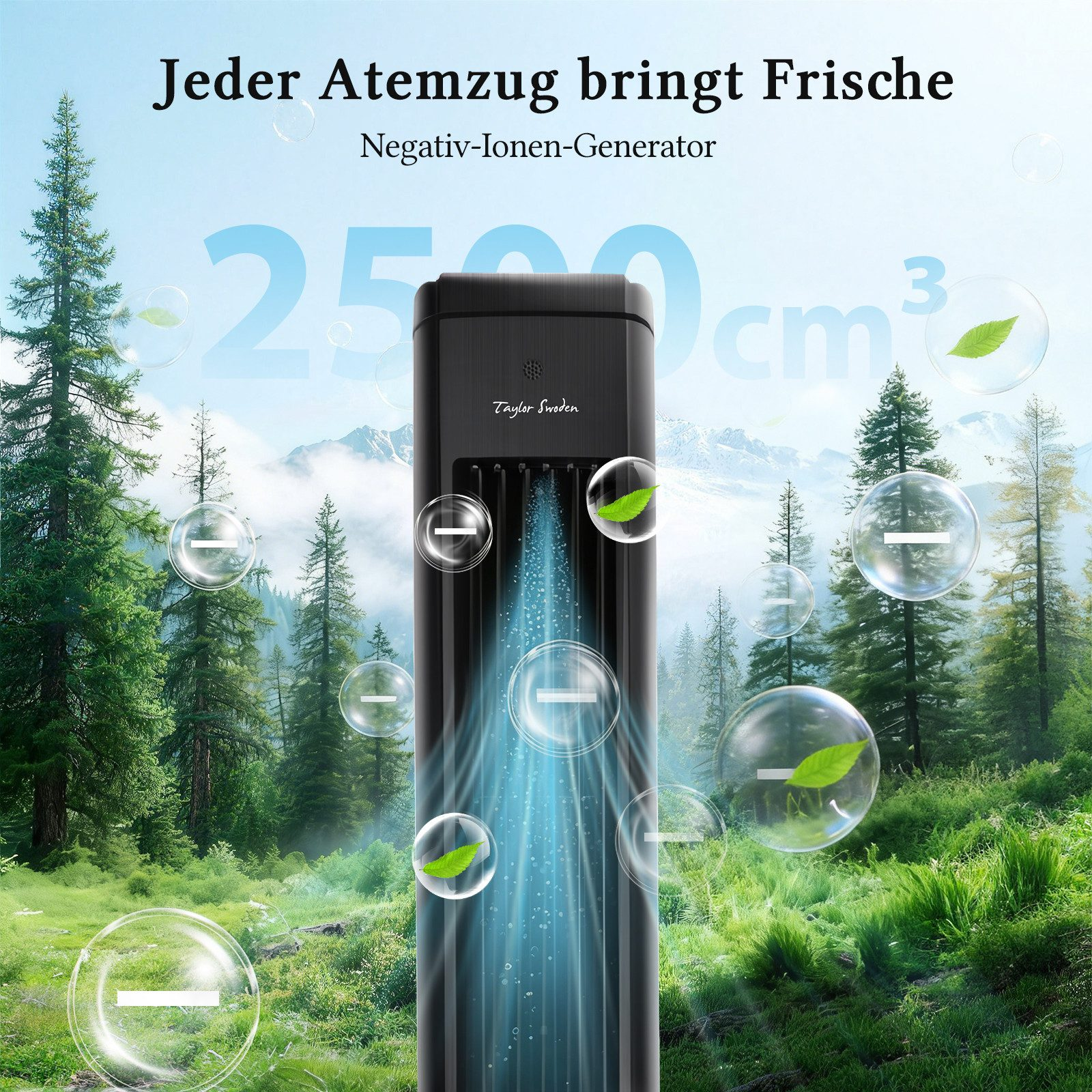 Ein Ionengenerator gibt blaue Luft in einer Waldlandschaft frei.