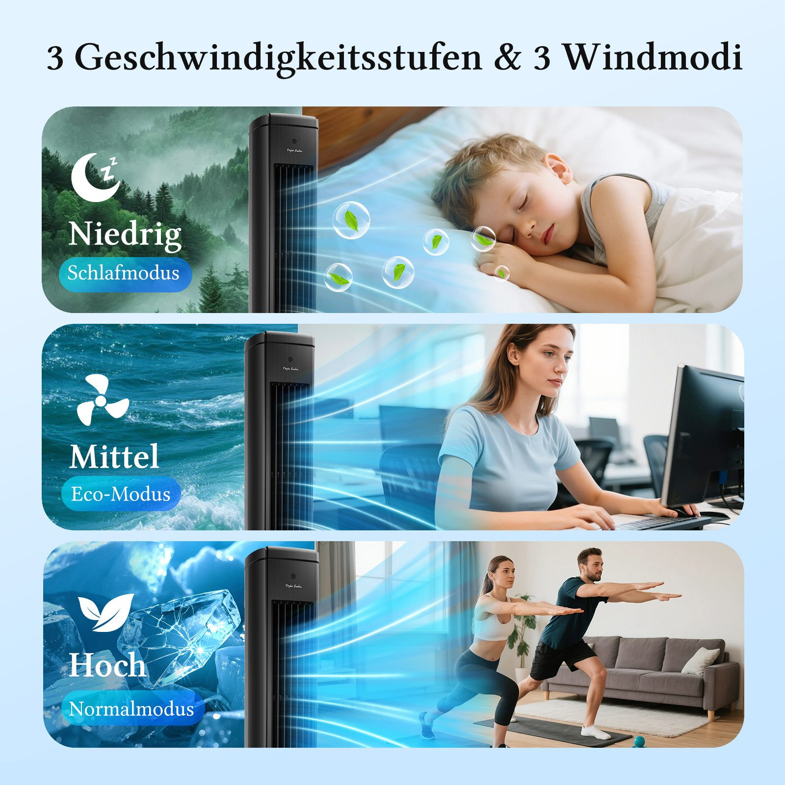 Ein Turmventilator wird in drei Modi gezeigt: Schlaf, Eco und Normal.