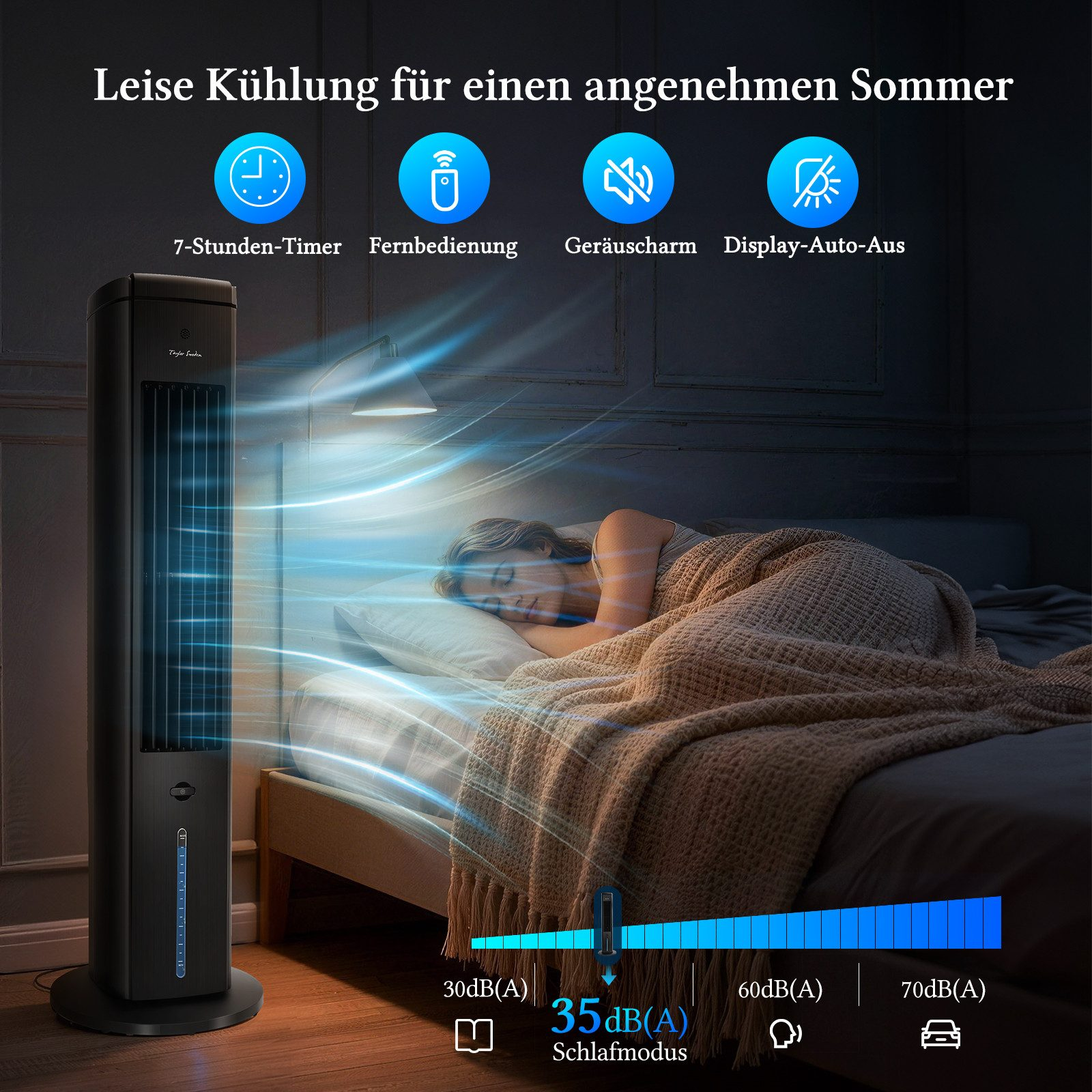 Ein Turmventilator kühlt eine Frau, die im Bett schläft. Funktionen sind aufgelistet.