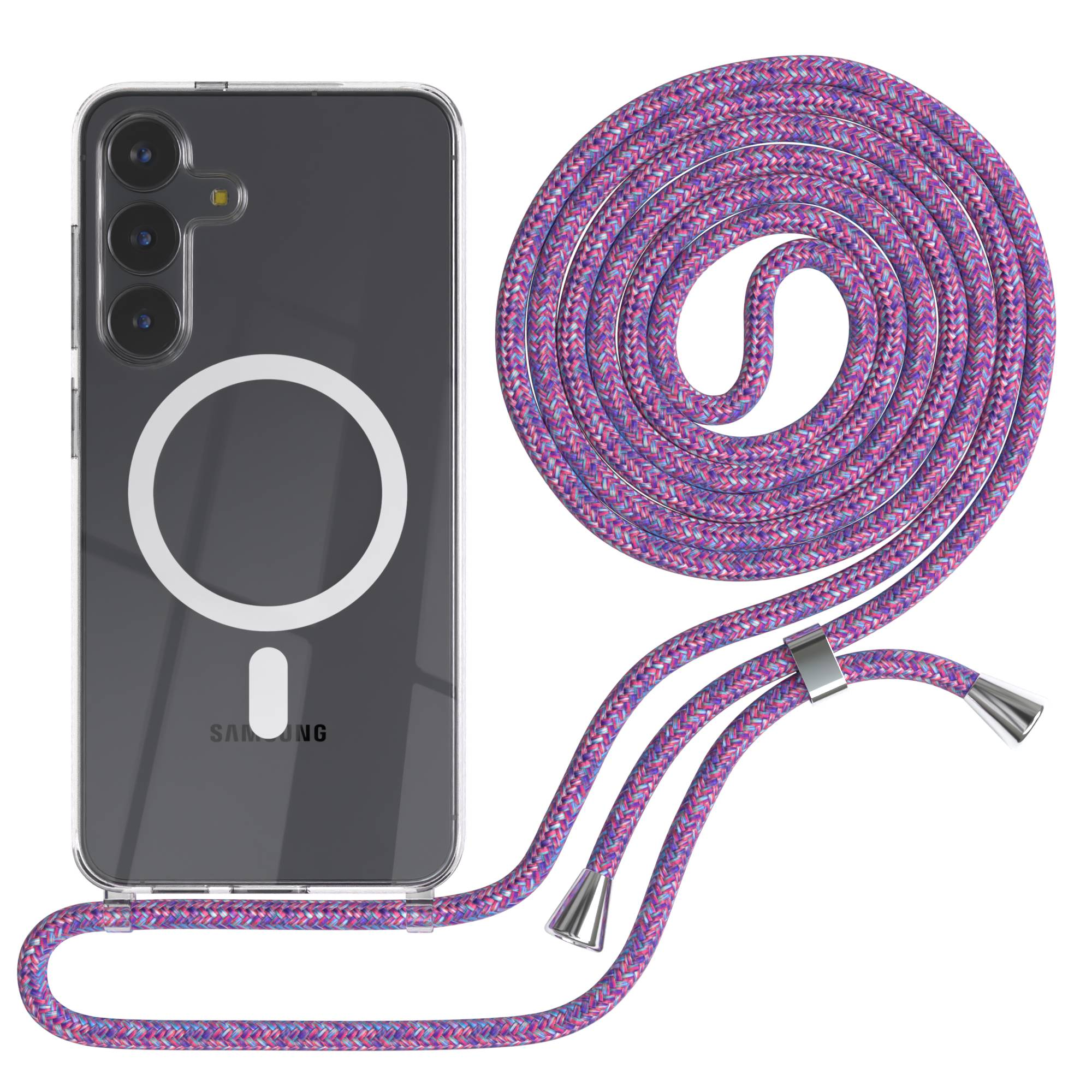 Transparente Hülle mit einem bunten Lanyard, das sich um sie wickelt.