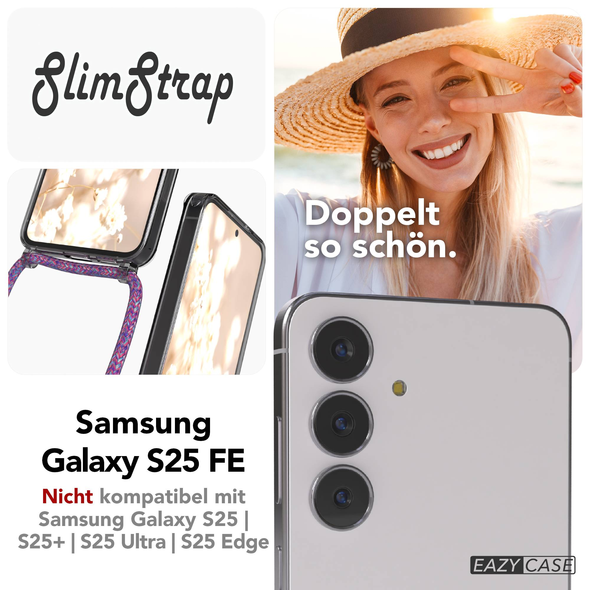 Samsung Galaxy S25 FE Hülle mit buntem Band und lächelnder Frau im Strohhut.