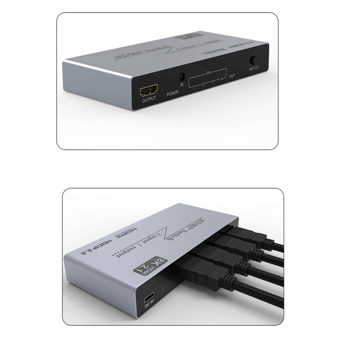 Silberner 4-in-1-HDMI-Switch mit Anschlüssen für Ein- und Ausgang. Beschriftet mit 8K HDMI 2.1.