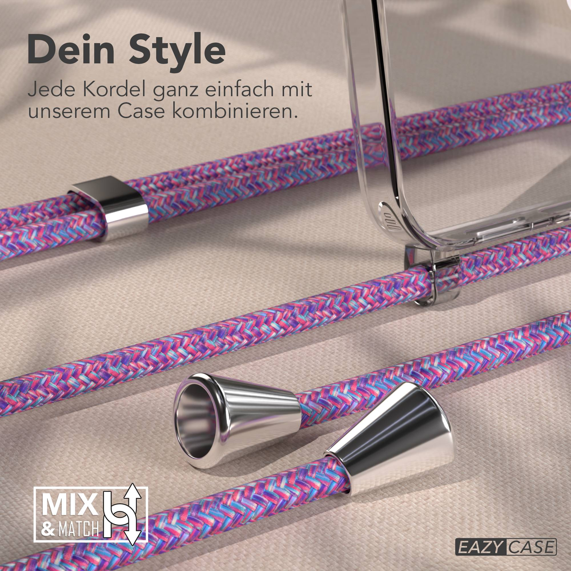 Ein pink-blauer Kordel und ein durchsichtiges Case mit silbernen Beschlägen.