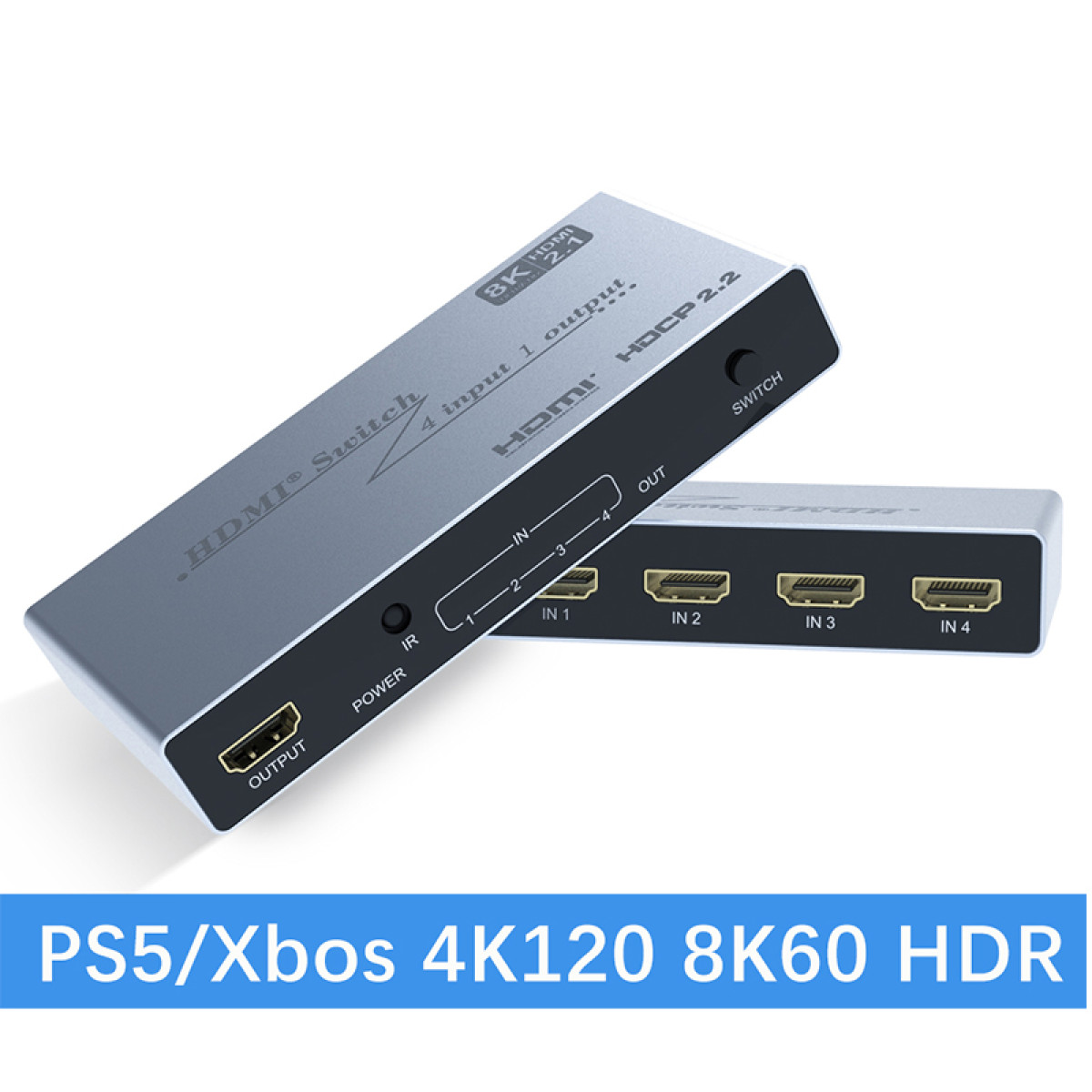Ein silberner 4-Wege-HDMI-Switch mit 8K-Unterstützung, beschriftet mit HDMI-Switch.