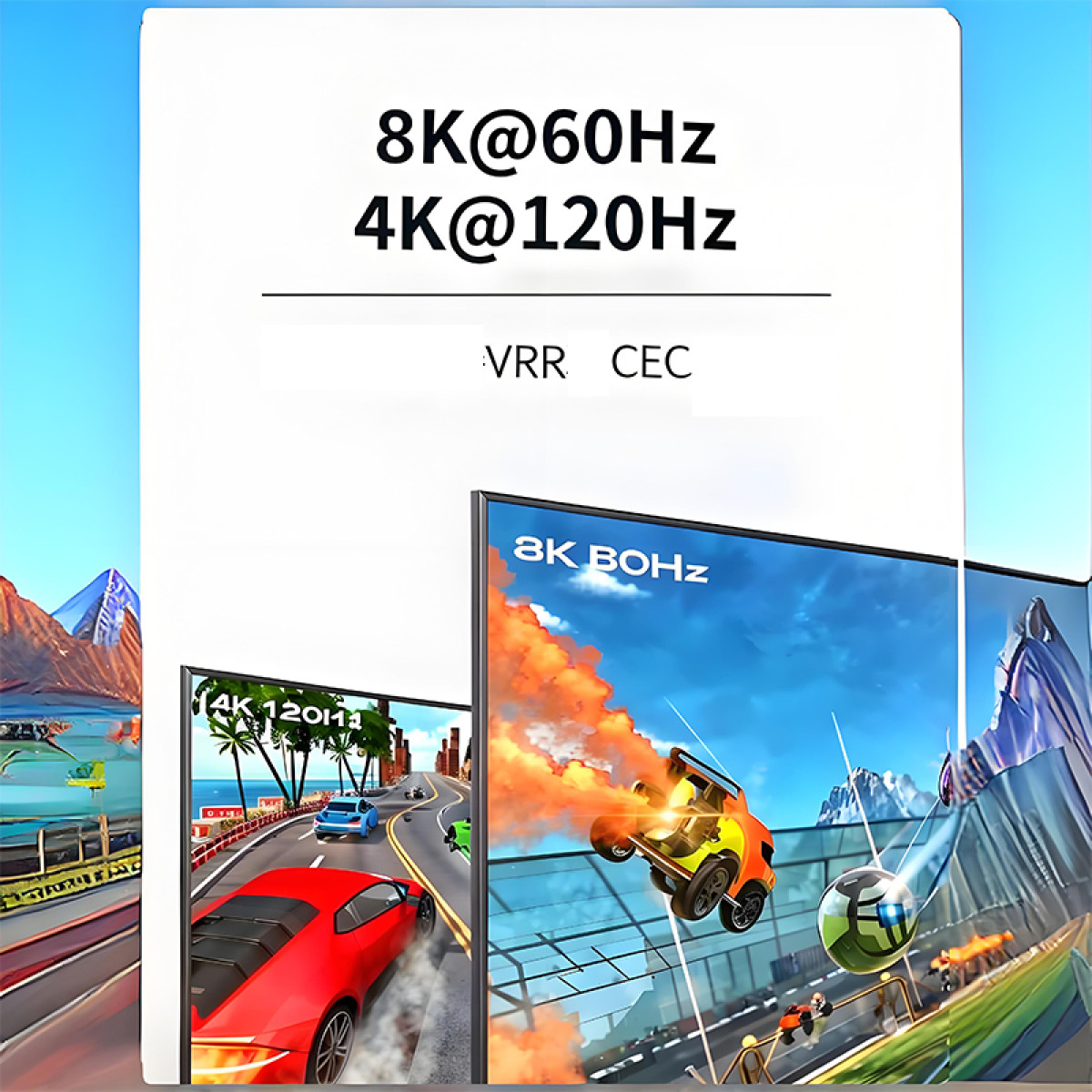 Ein Bildschirm zeigt 8K@60Hz und 4K@120Hz, VRR und CEC. Zwei weitere Bildschirme zeigen Rennspiele.