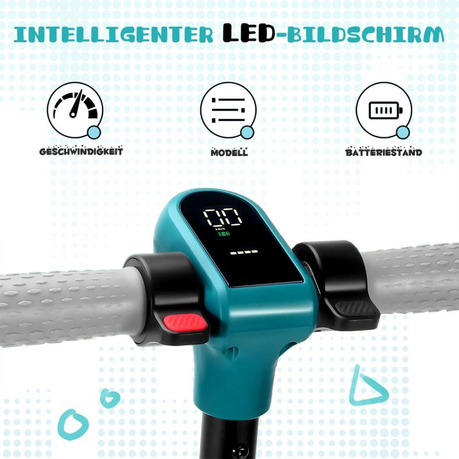 Lenker mit digitaler Anzeige für Geschwindigkeit, Modell und Batteriestand.