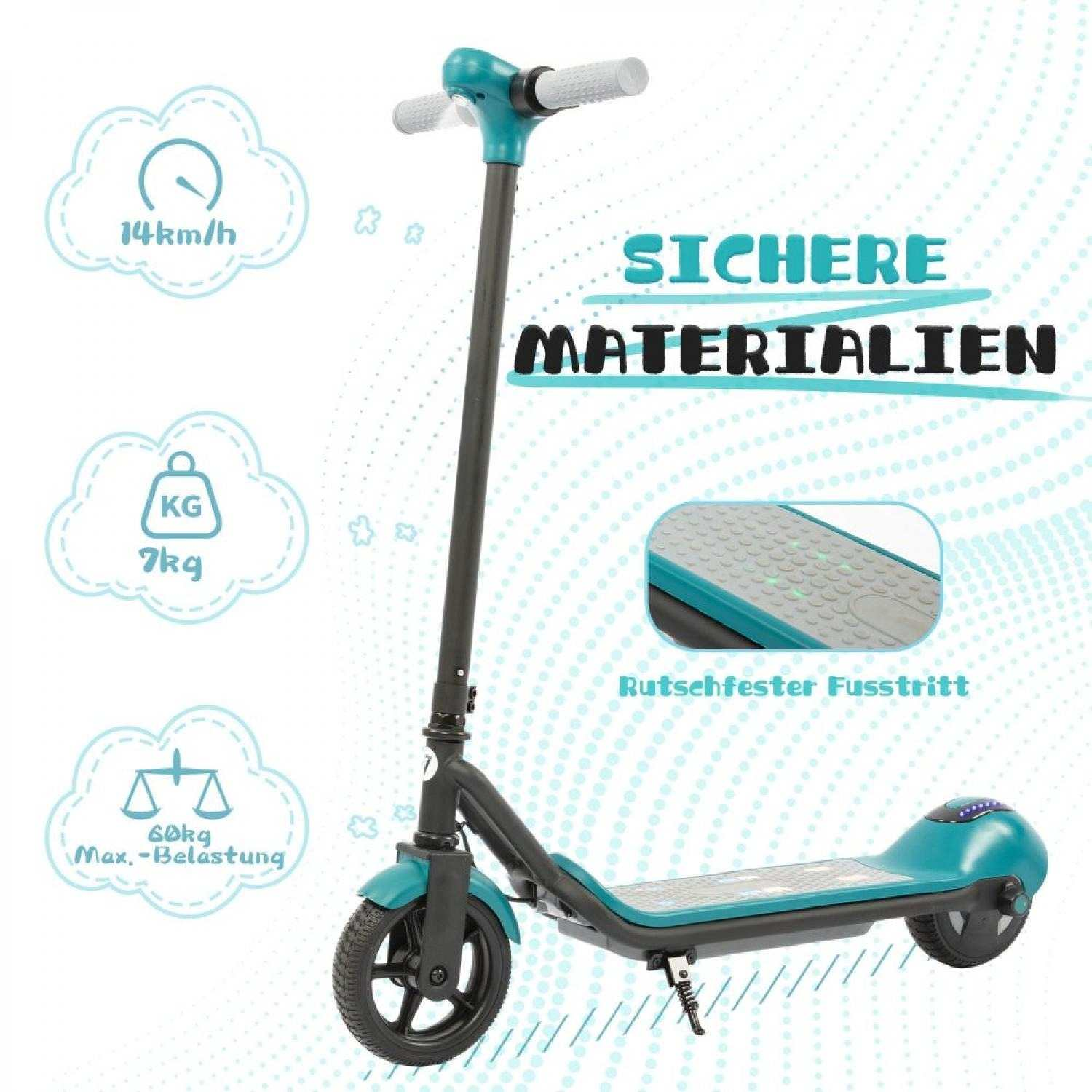 Türkiser Roller mit Info-Icons: 14 km/h, 7 kg, 60 kg Maxlast.
