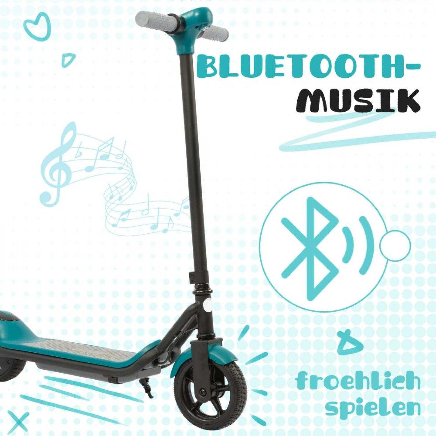Ein türkiser Roller mit Bluetooth-Symbol und Noten.
