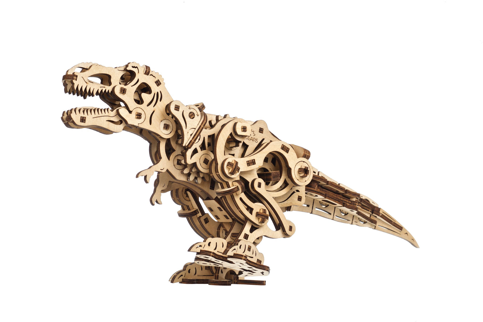 Un dettagliato modello in legno di un Tyrannosaurus Rex con arti articolati e bocca aperta.