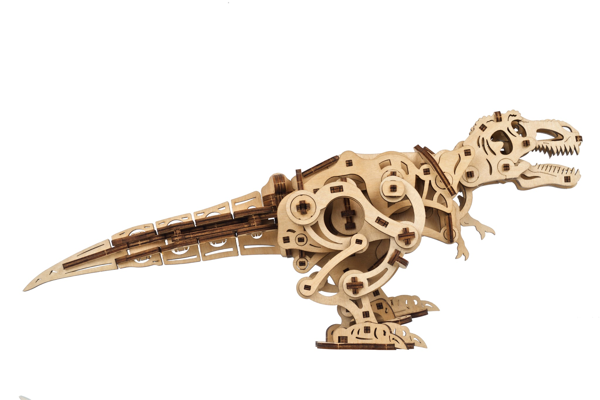 Modello T-Rex in legno, intricati pezzi tagliati al laser, su sfondo bianco.