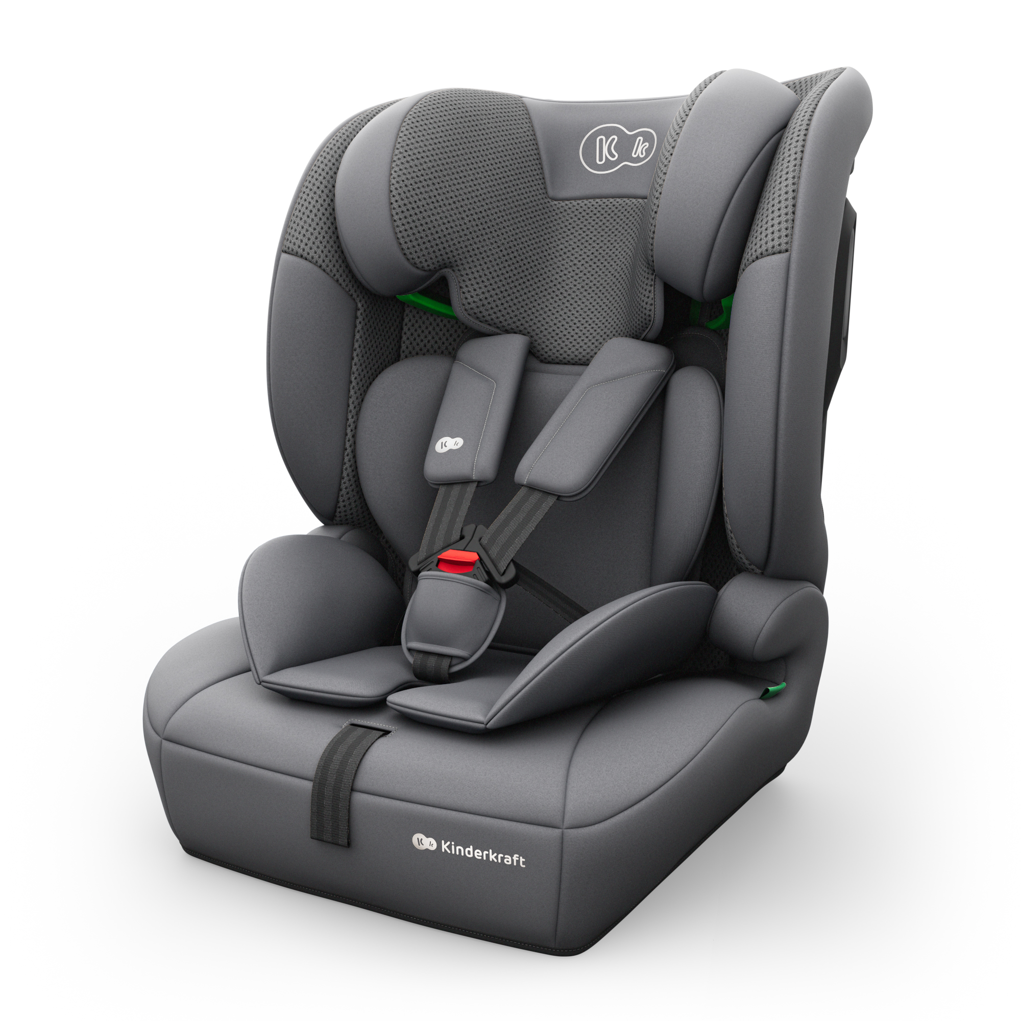 Grauer Kindersitz mit 5-Punkt-Gurtsystem und Logo.