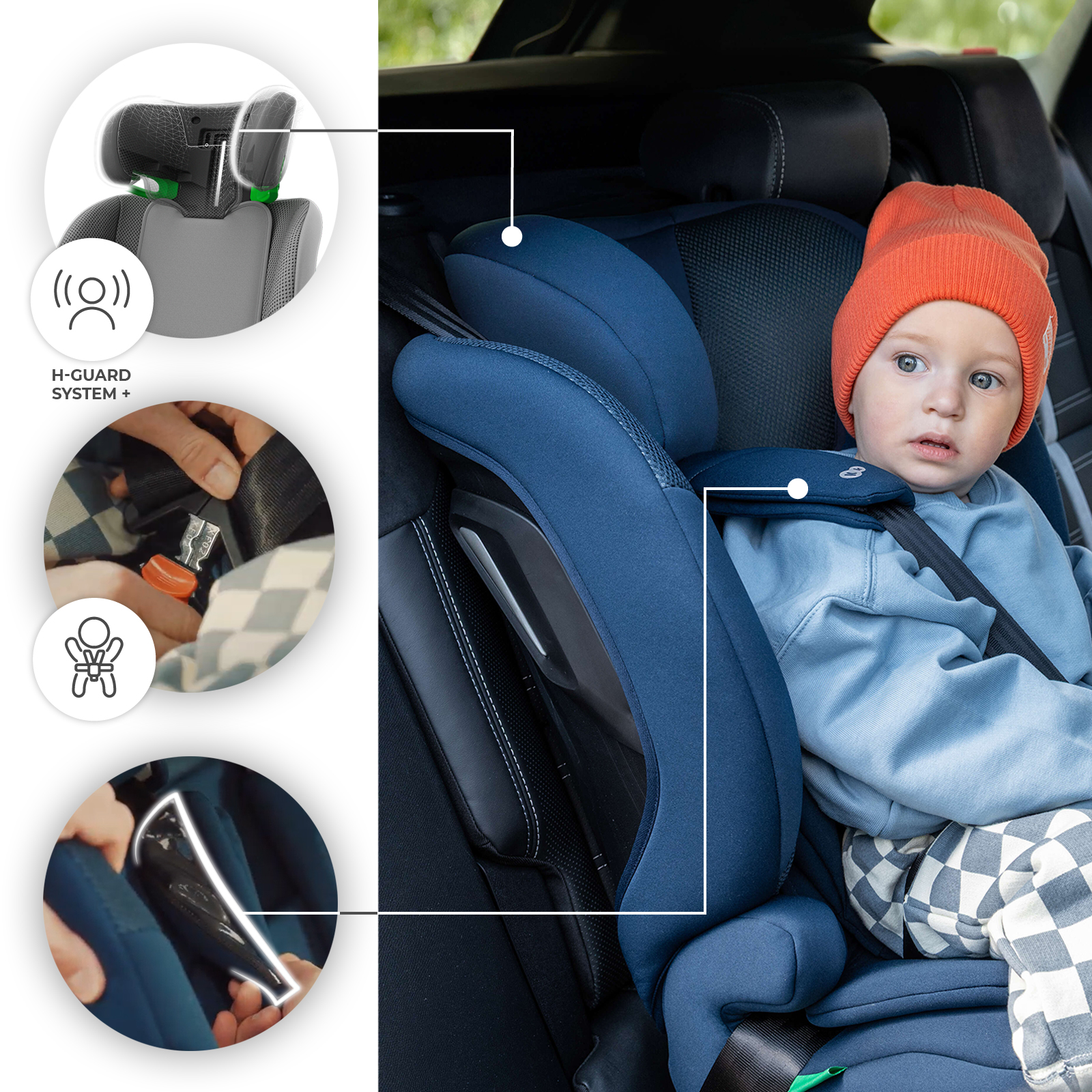 Kleinkind im Kindersitz mit orangefarbener Mütze und blauer Kleidung.
