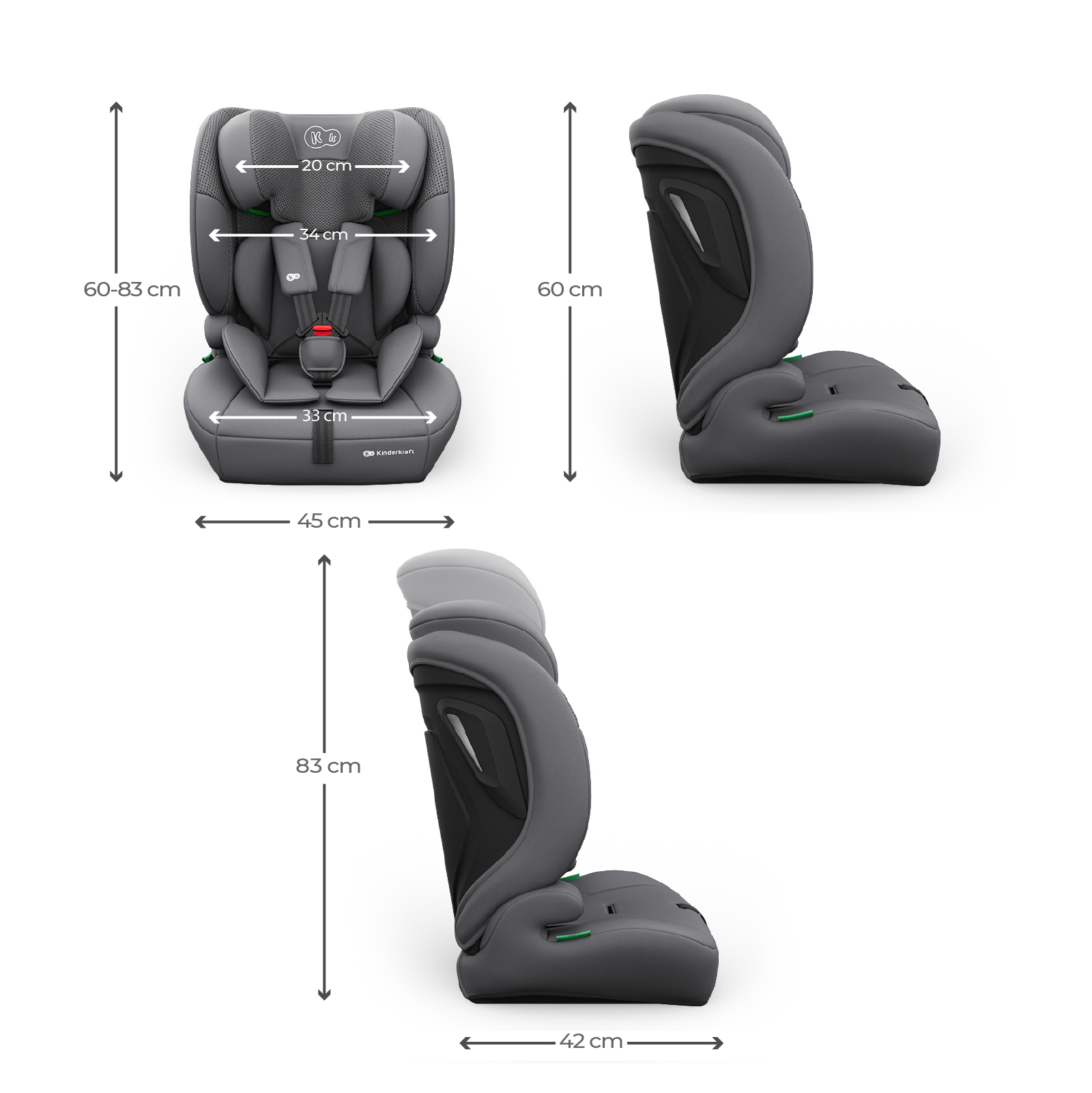 Grauer Kindersitz mit Messungen: 60-83cm hoch, 45cm breit.