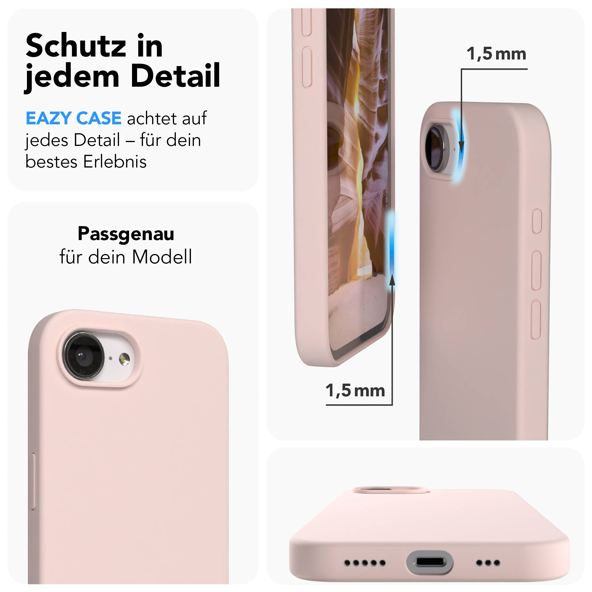 Eine rosafarbene Handyhülle mit Ausschnitten für Kamera und Anschlüsse.