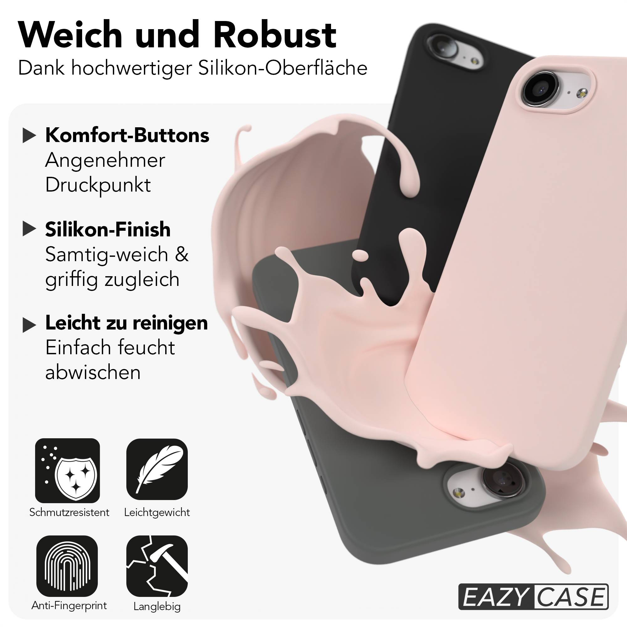 Zwei Handyhüllen in Rosa und Schwarz, umgeben von einer rosa Flüssigkeitsspritzermasse.