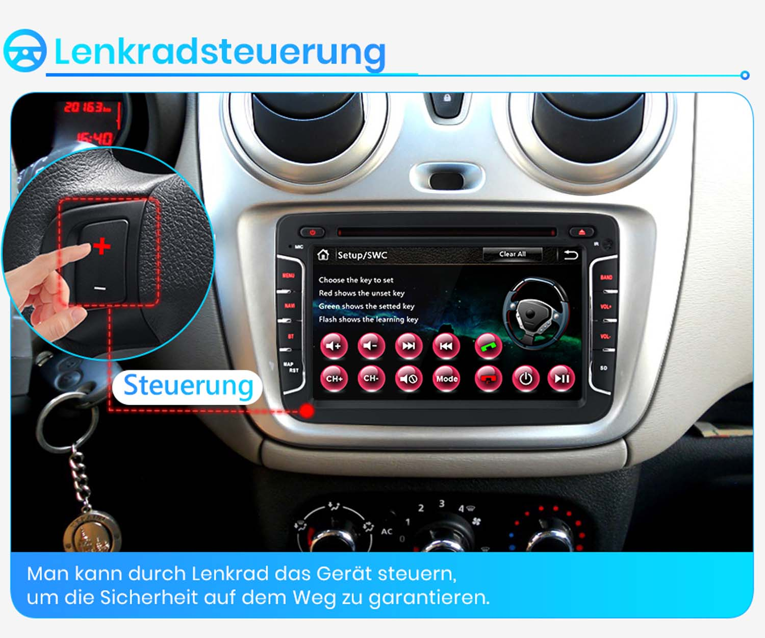 Ein Bild, das die Lenkradsteuerung eines Autos zeigt, mit einem Touchscreen-Radio.