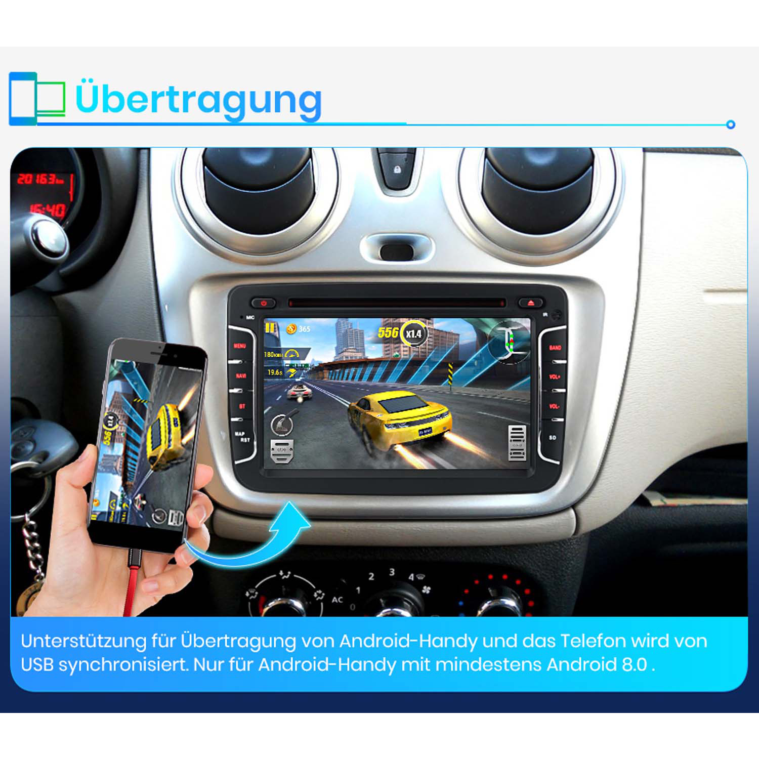 Ein Handy wird per USB mit einem Autoradio verbunden, das ein Rennspiel anzeigt.