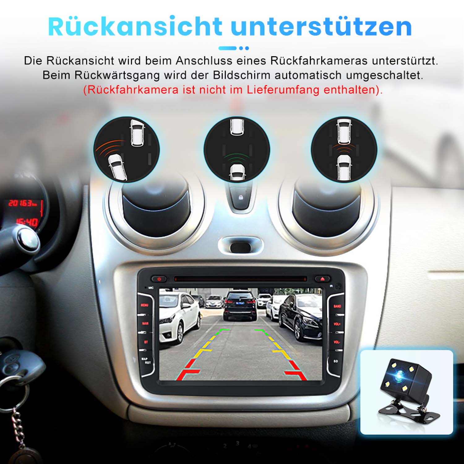 Autodashbord mit Bildschirm, Rückfahrkamera-Ansicht und kleinen Symbolen.